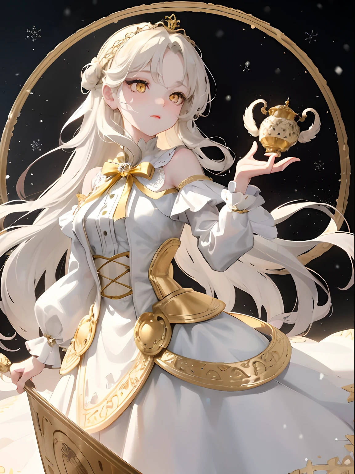 1woman, white long wavy hair, swept bangs, ((golden eyes)), intricate gown, snowing background, dress fluttering, Victorian dress, holding a circular music box