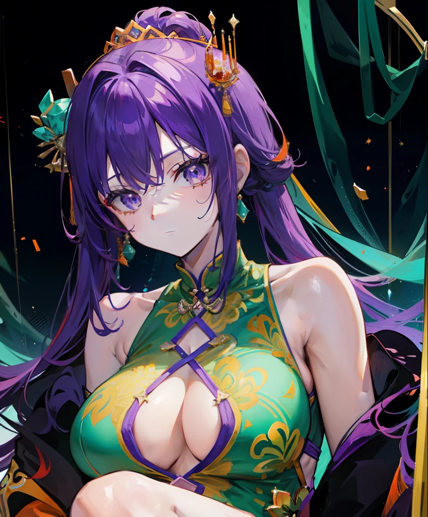 Orange-purple hair,Wear a transparent emerald cheongsam,The head is decorated with turquoise gold,She is a queen-type girl