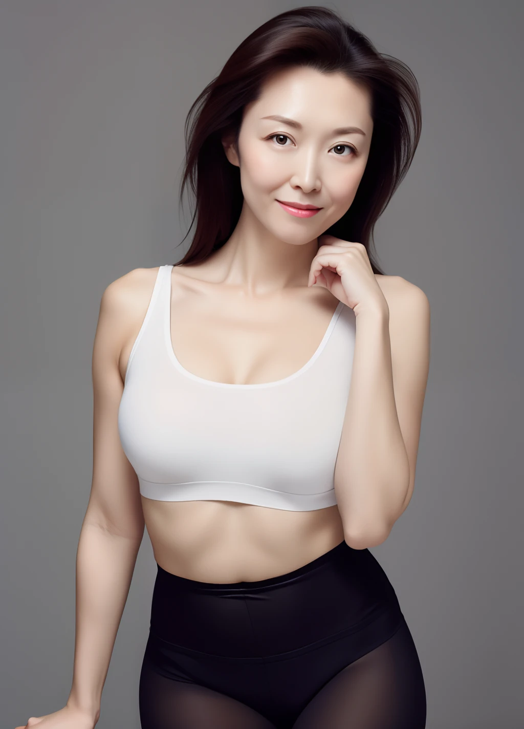 masterpiece,best quality,higher, (mature_female_lady:1), beautiful face, (simple background:1.2), leggings, NSFW, nipple,