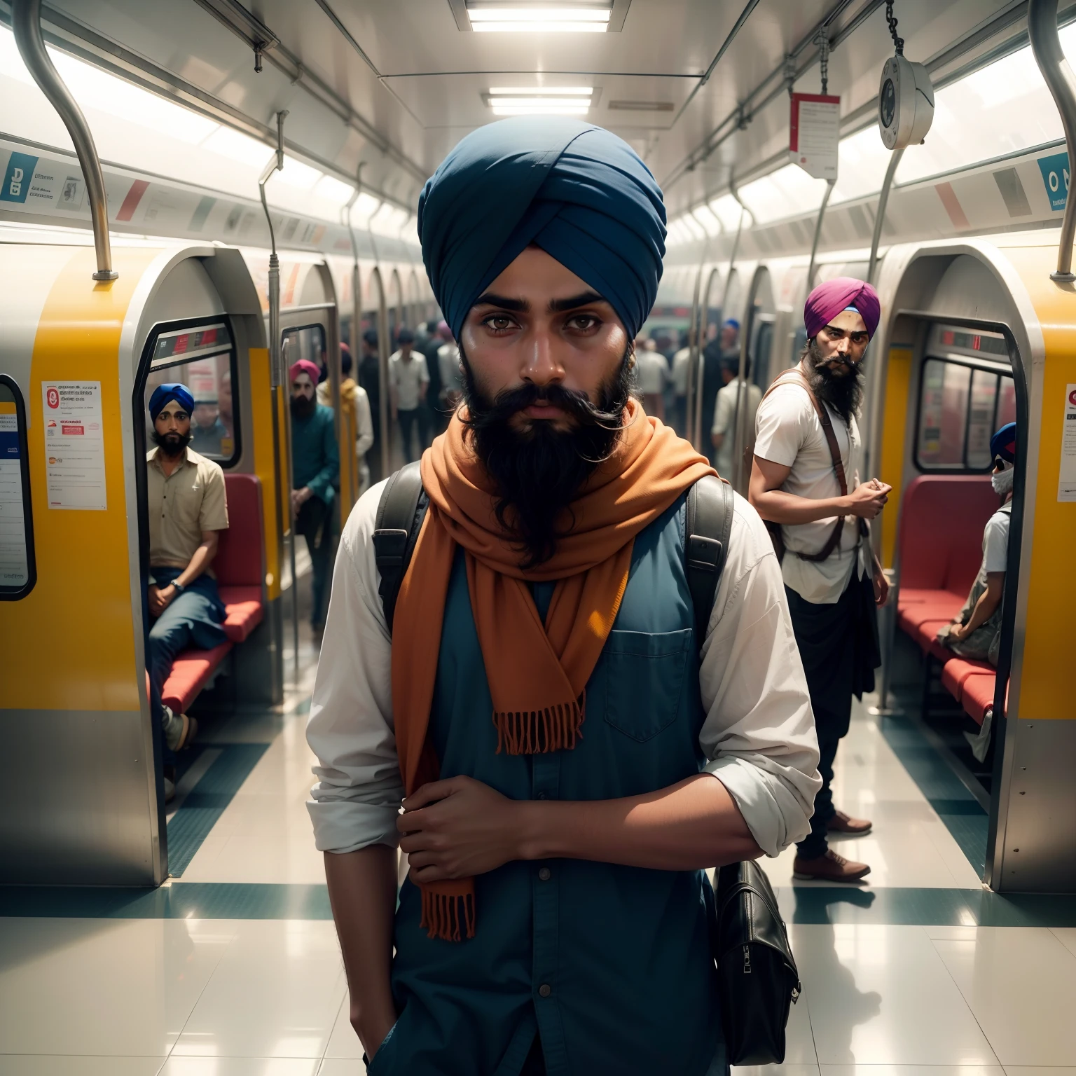 Imagine delhi metro station and Sikh boy in metro train