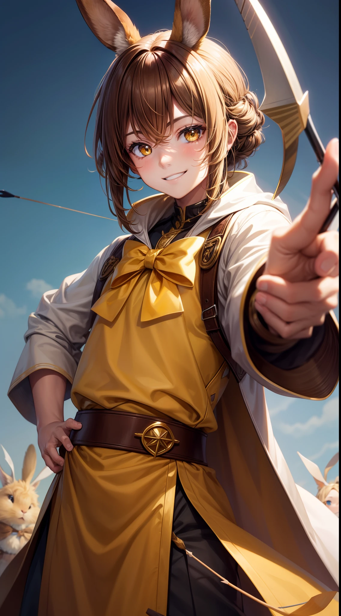 Young guy, Brown hair with blonde strands, Yellow eyes, brown rabbit ears, Smile, Bow and arrow, Masterpiece, hiquality