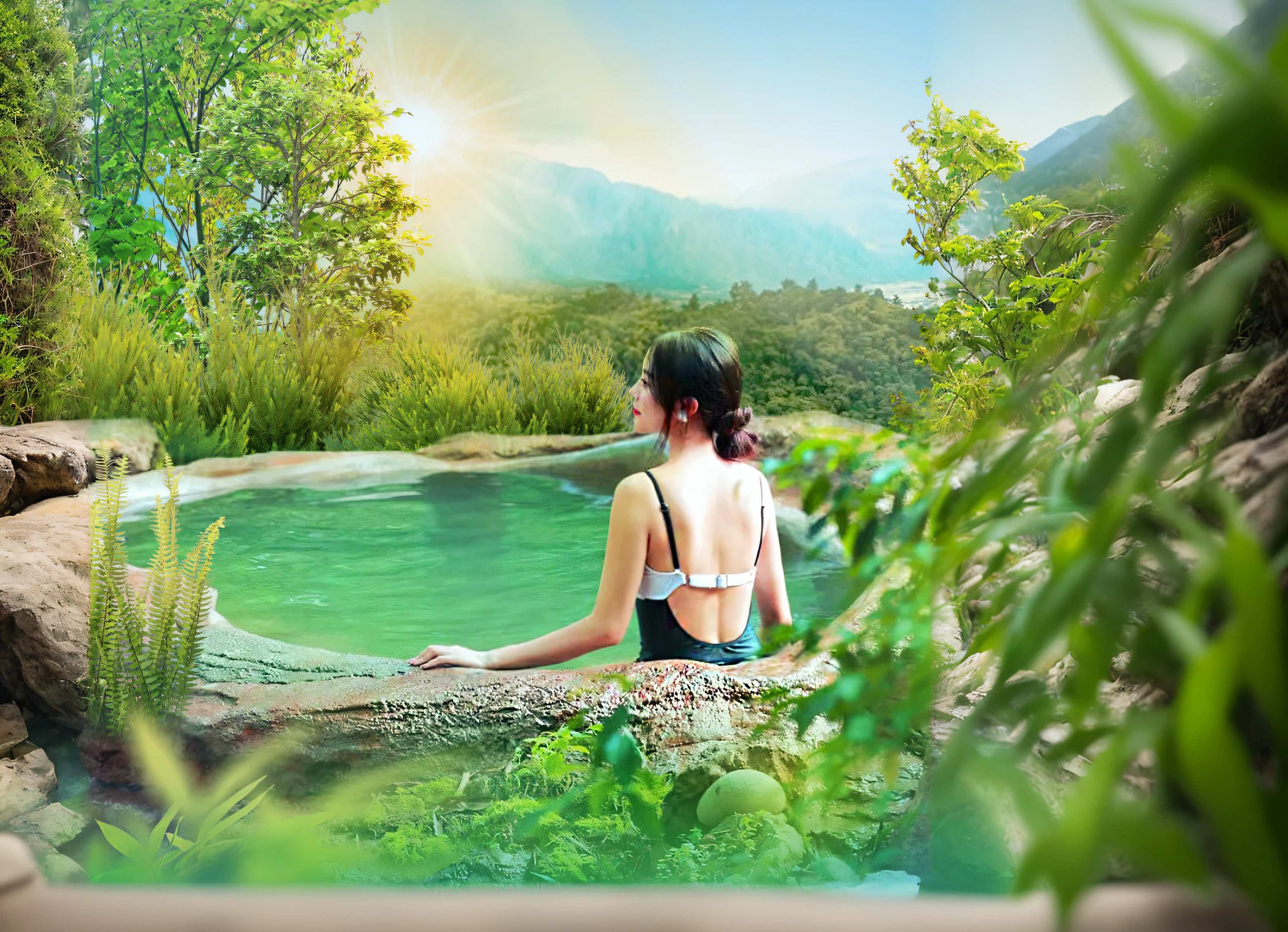 There was a woman sitting on a piece of wood in the water, relaxing, lush oasis, in the middle of nature, Small wellness relaxation pool, hot with shining sun, above lush garden and hot spring, very relaxing, Onsen, Feel the nature, On a sunny day, stunning nature in background, Relaxing concept art, spa, lush paradise, Hot spring hidden cave, big breasts beautiful