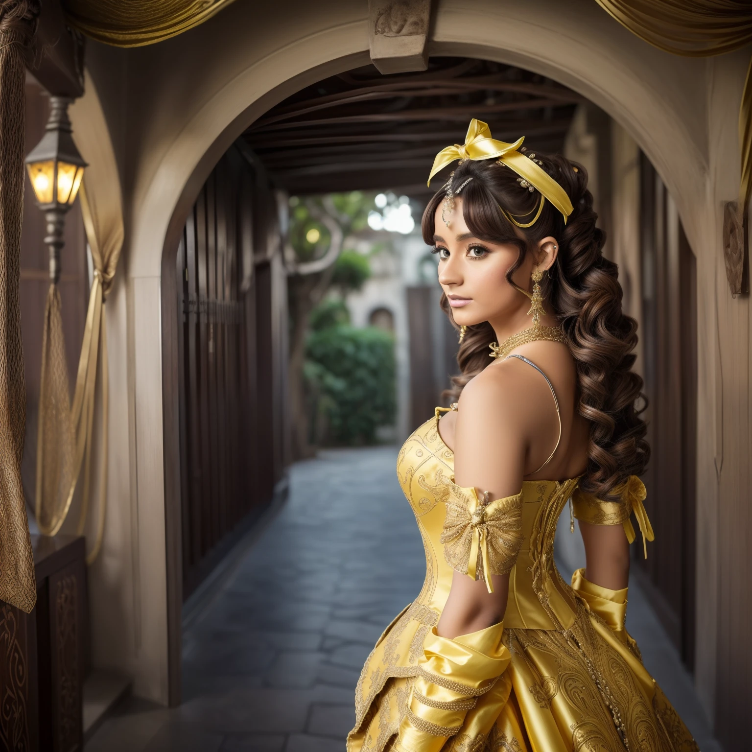 ((Fundo Cyberpunk:1.1) Arte de John Tenniel, frustrada Ariana Grande, cabelos azuis claros, Cachos, vestindo um imponente e elaborado vestido de baile trixie de cetim preto e amarelo adornado com cetim grande, futuristic salon dress, cybernetic enhancements , (((huge ribbon loops))), Rosebuds, Bordados e joias, (seios gigantescos:1.3) com (((enormes mangas inchadas))), uma cintura ampulheta, e um (((volumosa saia de argola crinolina))), (((Bustle))),   luvas pretas longas, adorned with intricate metallic details, necklace and earrings of pearls and diamonds, cabelos grandes e elaboradamente enrolados e penteados