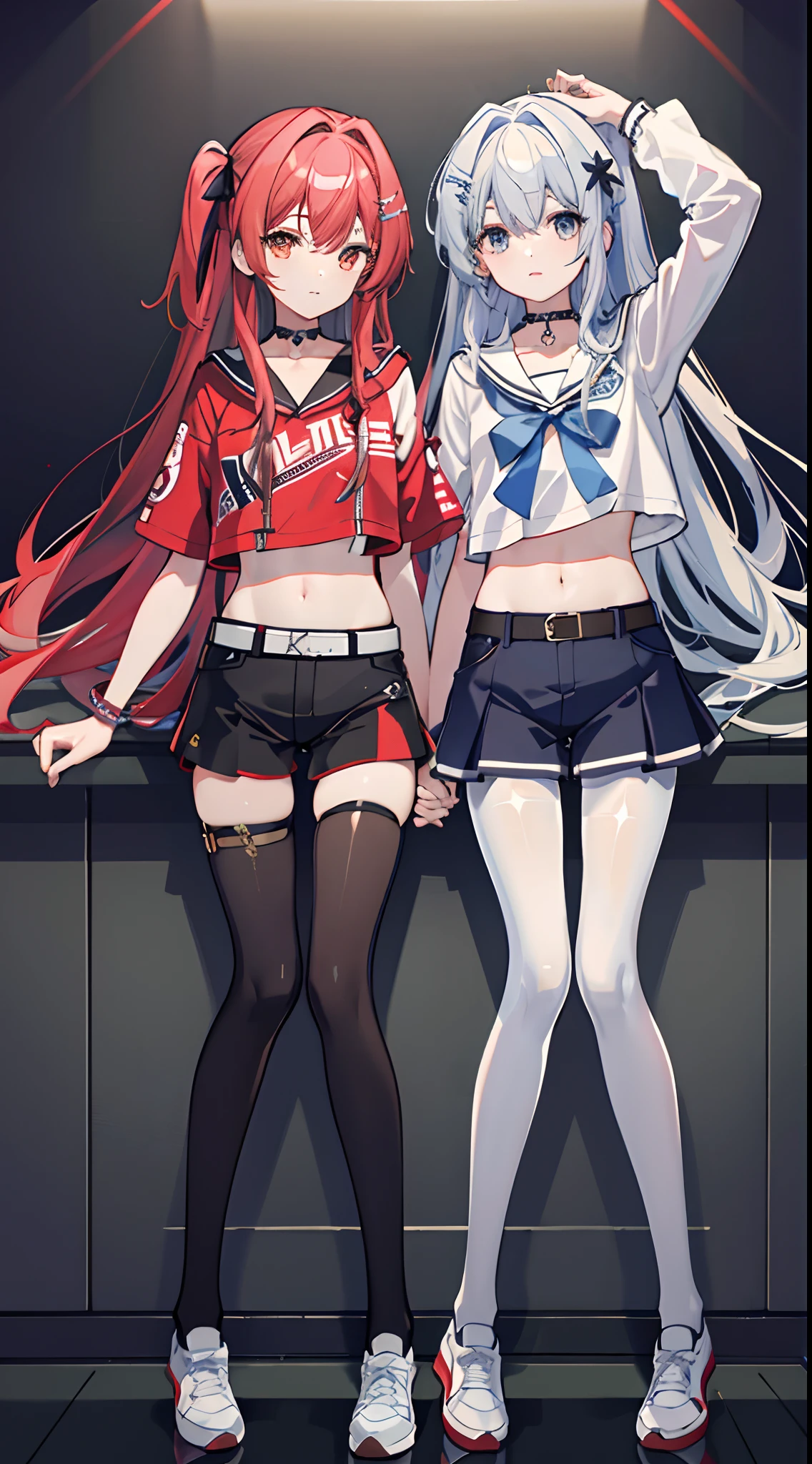 ,twins,masterpiece,best quality,official art,extremely detailed CG unity 8k wallpaper, 2girls, adorable girl, yuri, hair ornament, short shorts, crop top, pantyhose, ribbon_choker, leg belt,