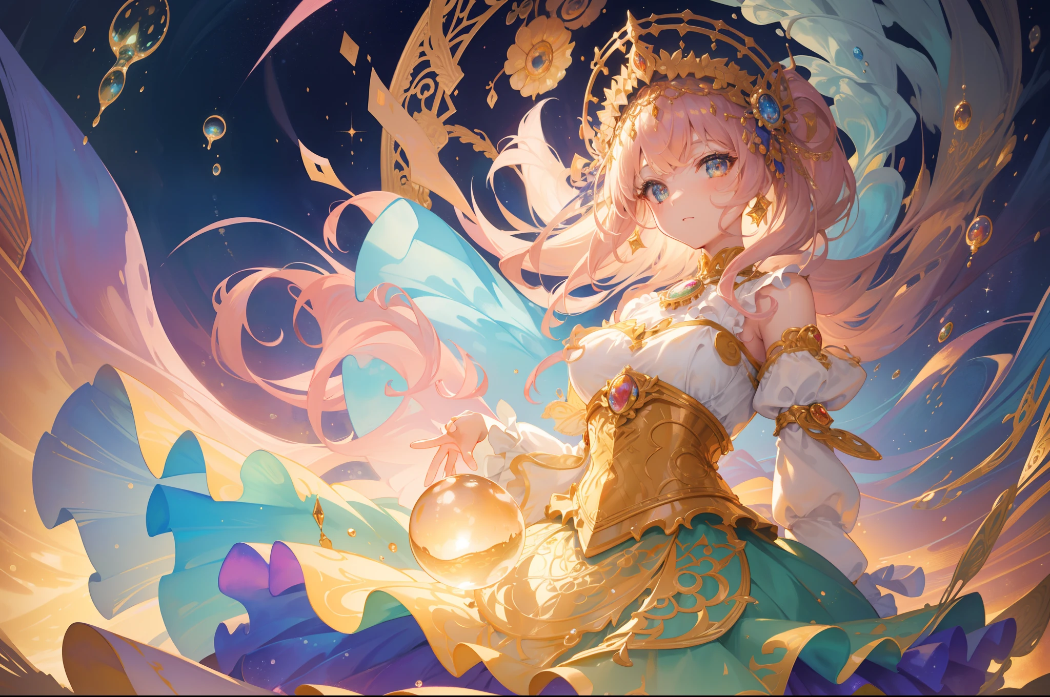masterpiece, best quality, 8k resolution, sharp focus, intricate detail, beautiful girl, sparkling eyes, golden ratio face, otherworldly liquid, watercolor, sunset colors, bright colors, whimsical, colorful, sharp focus, high resolution, fine detail, ((layered tiered puffy long sleeves ballgown)), ((round eyes)), iridescent bubbles, fantasia background