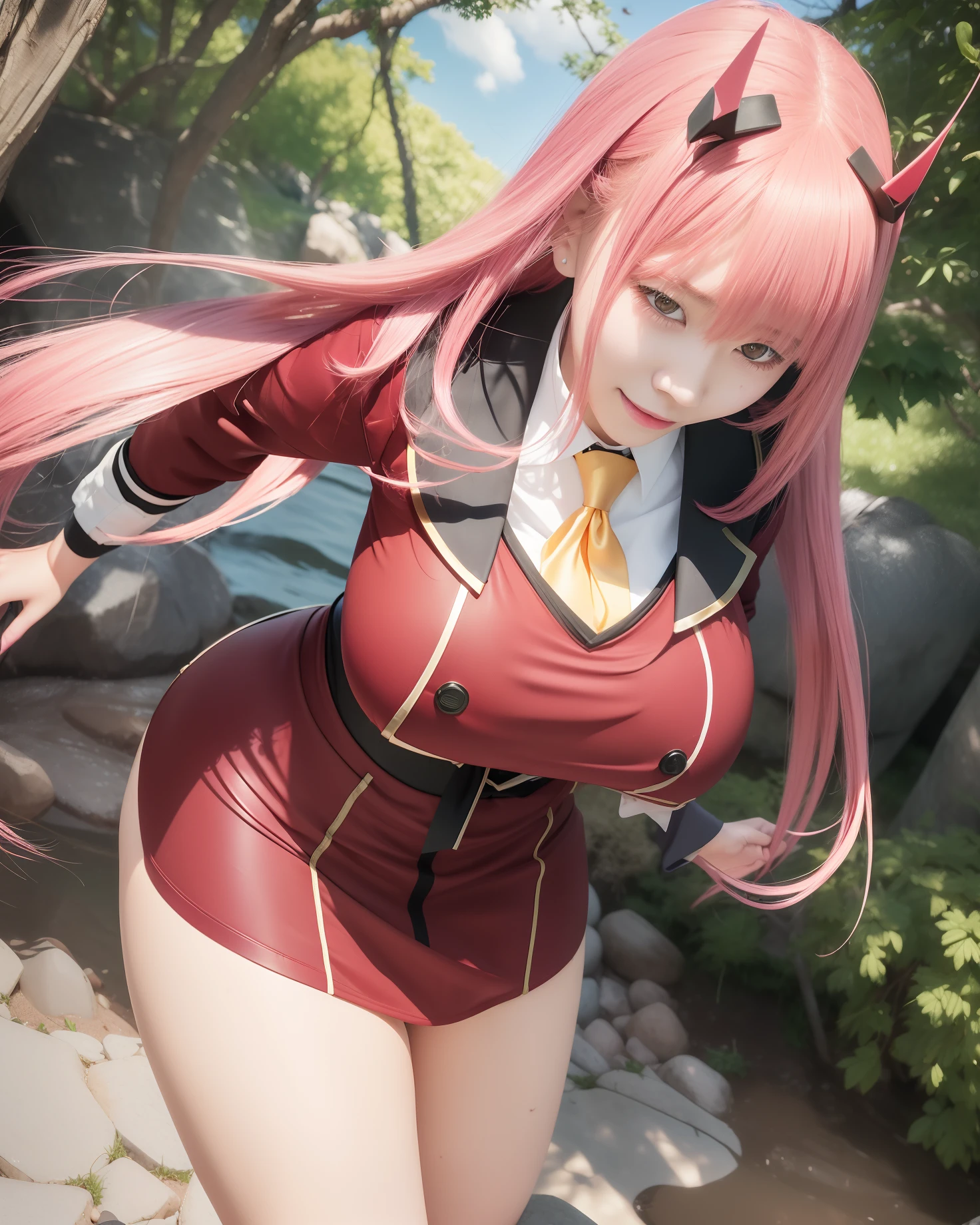 (8K), (High Quality), (Ultra realistic), (High Details), (Face detail), (Shadow Detail), ((huge breasts: 1.9)), (big butt), 1 japanese girl, 20 years old, Pink hair, Very long hair, red uniform, yellow tie, red horn, zero two, darling in the frank, smile