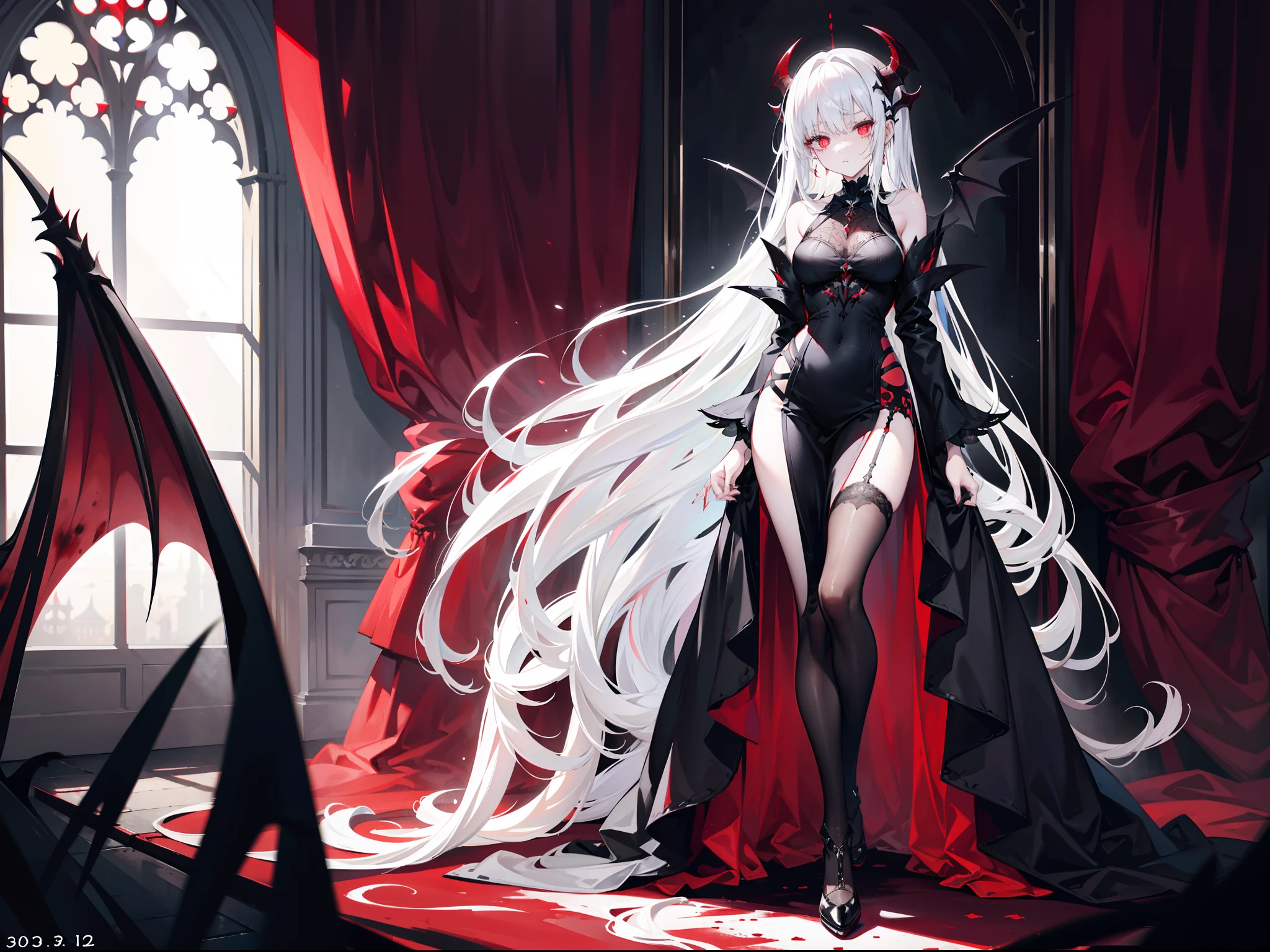 Beautiful girl with white hair，with hair dishevelled，long whitr hair，The ends of the hair gradually turn black，Extremely tall，Thin，Wearing a long black dress，black lence stockings，Extremely high black heels，The expression is grim，抖S，Sick，White pupils，Be covered in blood，Stand in the background of Gothic architecture covered with corpses，Perverted murderer，The demons，Extremely thin and tall，The legs are very thin，Behind him are a pair of extremely huge black wings，terroral，The legs are very long，The body is extremely thin，There are red blood stains under the eyes，The body was covered in blood，Blood-red eyelashes，The demons，devils，Royal sister，White pupils，Behind him are a pair of extremely huge black wings，terroral，Tall and tall，Thin