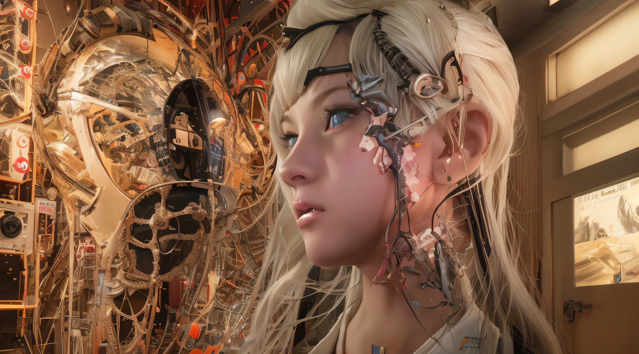 of the highest quality, masutepiece, Ultra High Resolution, (Photorealistic: 1.4), Raw photo, 1 Cyberpunk Girl, Glossy skin, 1 Mechanical Girl, (super realistic details)), (((Full body shot))), Global Illumination, Contrasty, shadowy, Octane Rendering, 8K, ultrasharp, Raw skin, Metal, Intricate decoration details, Japan details, high intricate detailed, Realistic light, Trends in CG, Facing the camera, neon details, Mechanical limbs, blood vessels connected to tubes, Mechanical vertebrae attached to the back, Mechanical cervical attachment to the neck, Wires and cables connecting to the head, Gundam, Small LED lamps.