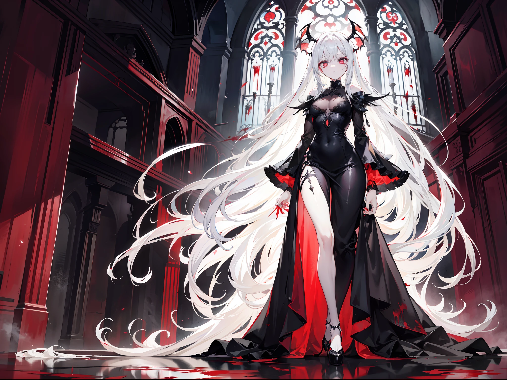 Beautiful girl with white hair,with hair dishevelled,long whitr hair,The ends of the hair gradually turn black,Extremely tall,Thin,Wearing a long black dress,black lence stockings,Extremely high black heels,The expression is grim,抖S,Sick,White pupils,Be covered in blood,Stand in the background of Gothic architecture covered with corpses,Perverted murderer,The demons,Extremely thin and tall,The legs are very thin,Behind him are a pair of extremely huge black wings,terroral,The legs are very long,The body is extremely thin,There are red blood stains under the eyes,The body was covered in blood,Blood-red eyelashes,The demons,devils,Royal sister,White pupils,Behind him are a pair of extremely huge black wings,terroral,Tall and tall,Thin