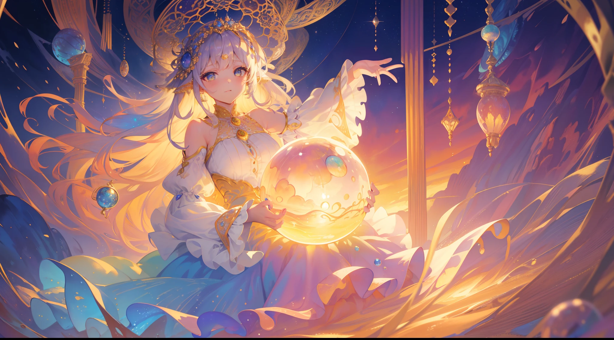 masterpiece, best quality, 8k resolution, sharp focus, intricate detail, beautiful girl, sparkling eyes, golden ratio face, otherworldly liquid, watercolor, sunset colors, bright colors, whimsical, colorful, sharp focus, high resolution, fine detail, ((layered tiered puffy long sleeves ballgown)), ((round eyes)), iridescent bubbles, fantasia background