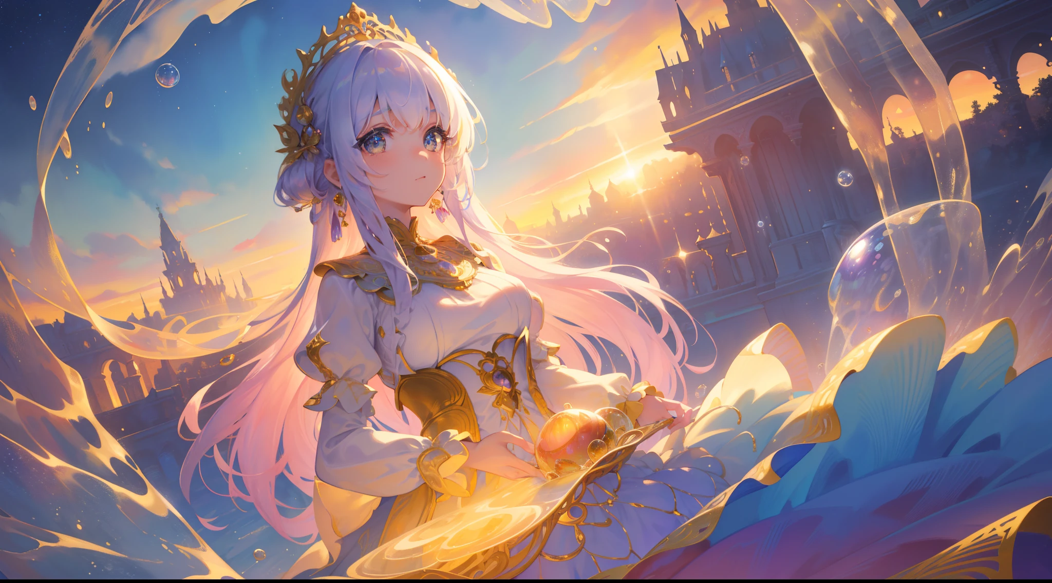 masterpiece, best quality, 8k resolution, sharp focus, intricate detail, beautiful girl, sparkling eyes, golden ratio face, otherworldly liquid, watercolor, sunset colors, bright colors, whimsical, colorful, sharp focus, high resolution, fine detail, ((layered tiered puffy long sleeves ballgown)), ((round eyes)), iridescent bubbles, fantasia background