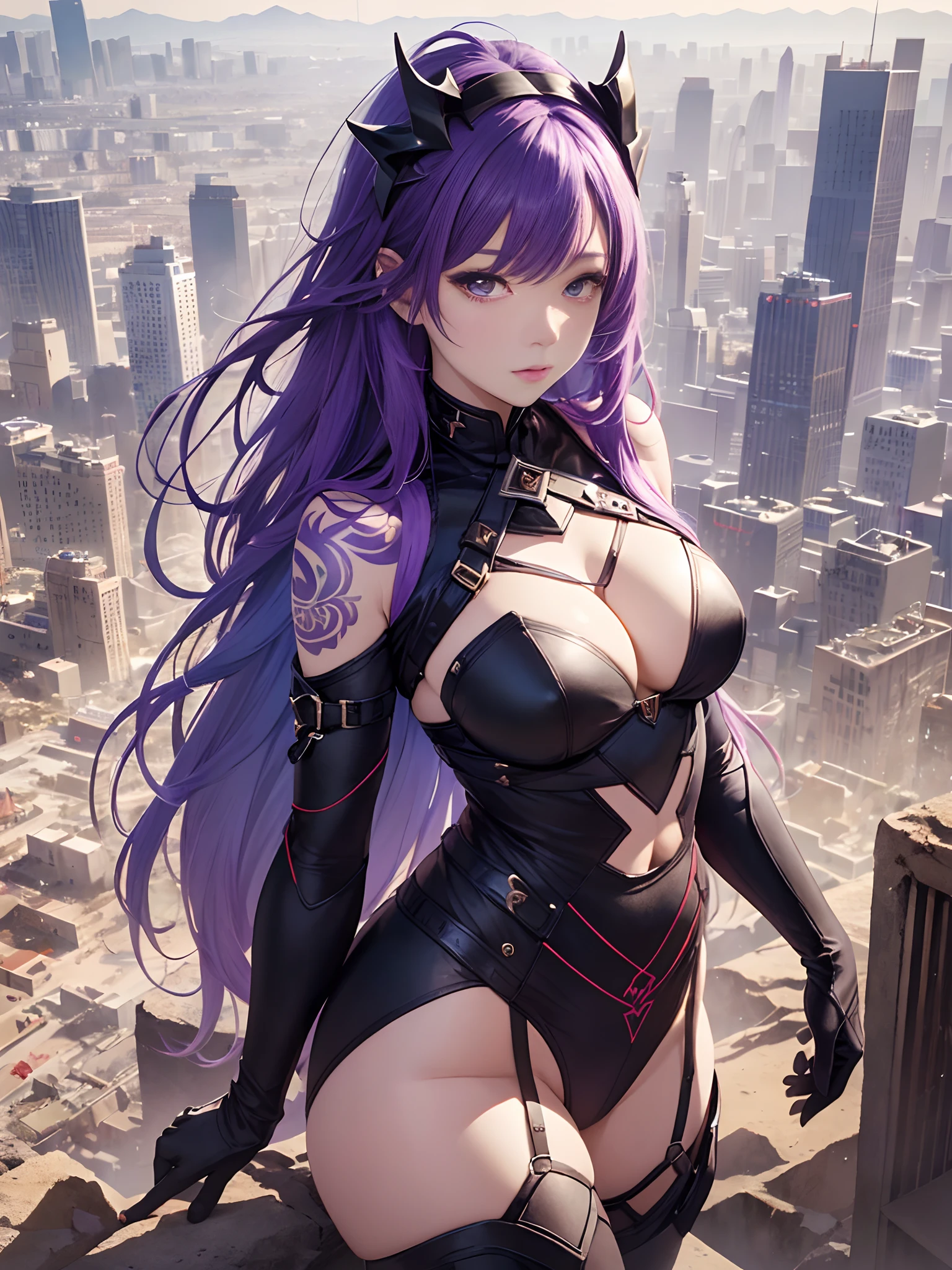 1girll,long purple gorgeous hair,Purple jumpsuit,tattooed,There is a red string around the waist,Purple Boots,Thigh leg rings,The right hand emits a glow of purple energy,,(top-quality、8K、32K、masterpiece、nffsw:1.3)、超A high resolution,(Photorealsitic:1.4), Convex buttocks, city ruins,Sacred rays,A desert,Detailed background, Clothing Details, Perfectly proportioned, film grains, Fuji colors, lightand shade contrast, tmasterpiece, high detal, high quarity, hight resolution, Cinematic lighting,, Textured skin, Super Detail