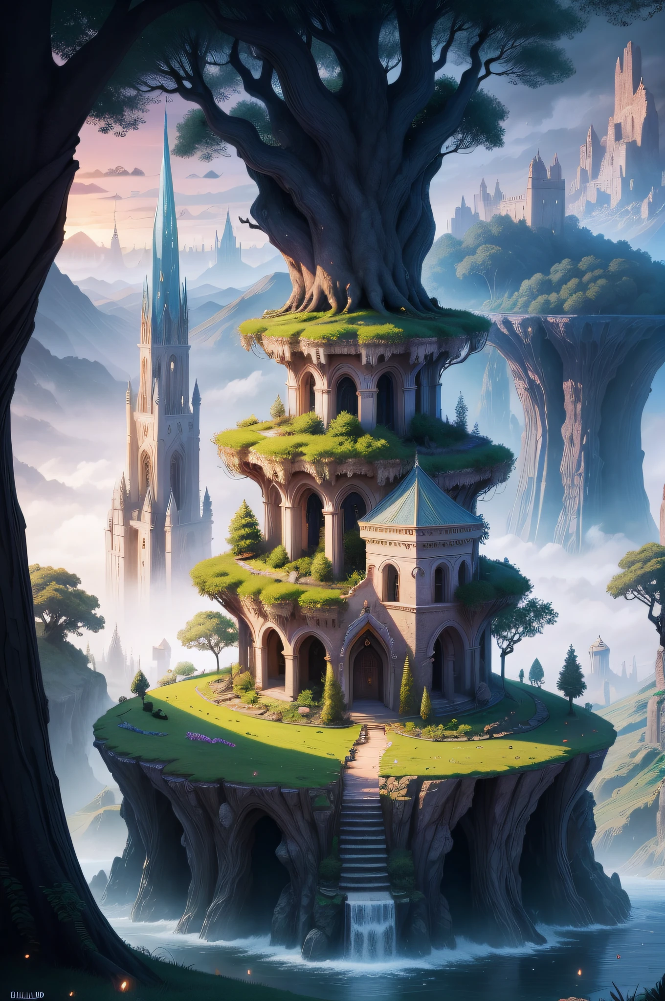 An enchanted landscape of Eldoria, with magical elements such as mystical trees, towers of magic and fantastical creatures