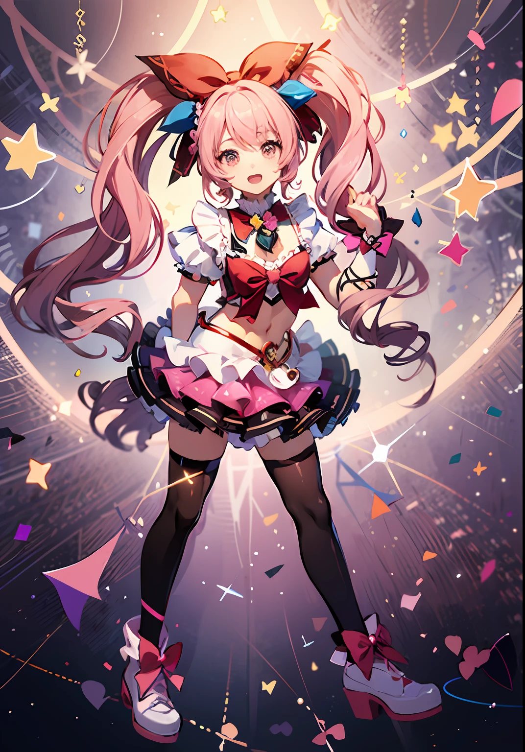 Red bow, Anime boy with pink dress, Anime boy with red-pink twin-tailed hair, Portrait of a magical boy, Sparkling Magical Boy, Magical Boy Style, Boy with black thigh socks, Dress Up Darling Anime, Magical Boy, !!Full body portrait!!, Muscular men, marin kitagawa fanart, Magical Boy Anime Mahou Shōnen, Navel Ejection