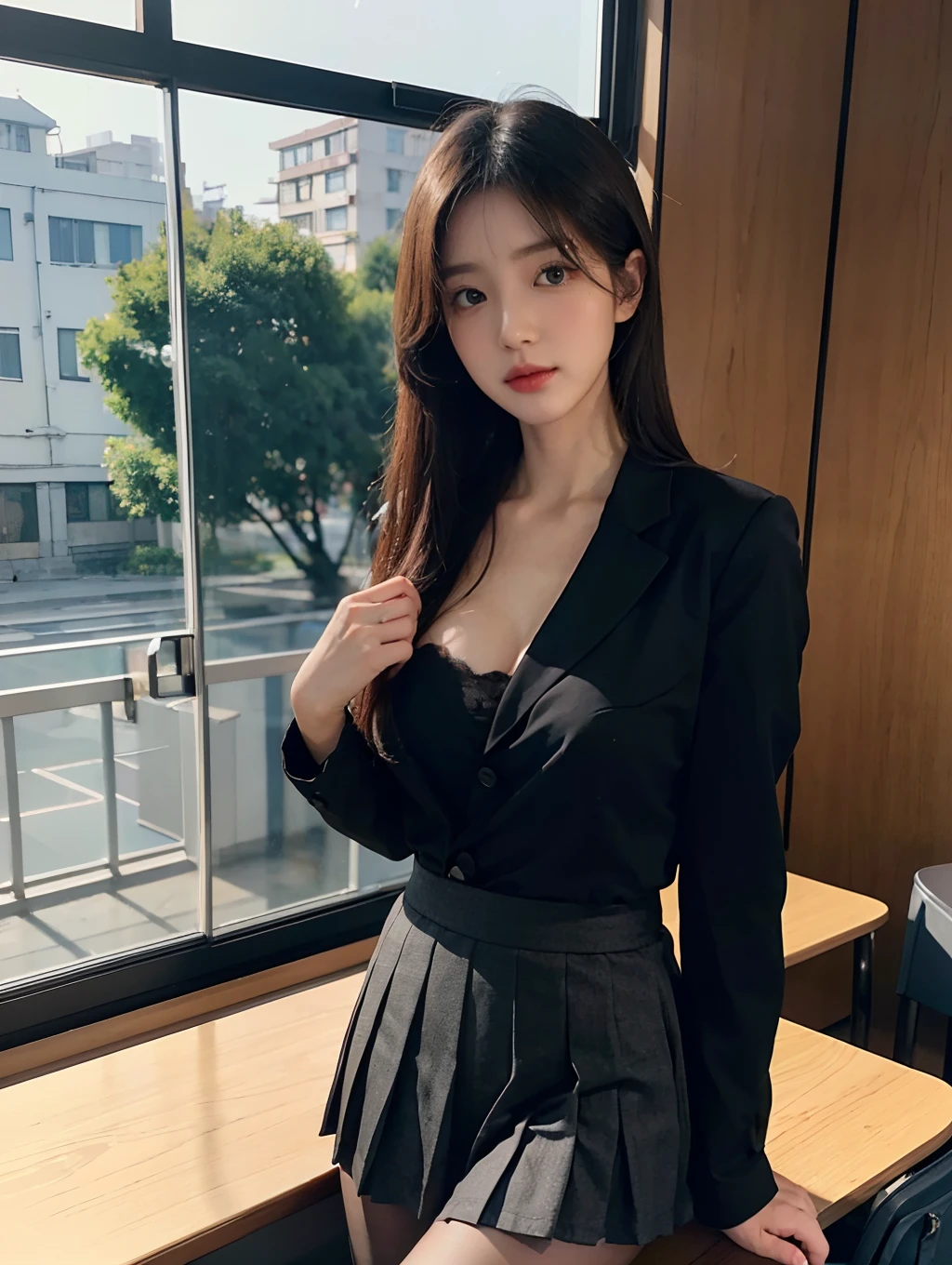 tmasterpiece,best qualtiy,ultra - detailed,illustratio,Colorful,Falt color,depth of fields,lens flare glow,1girll,Hong Kong beauty,Royal sister style,Sexy style,sitted,brunette color hair,looking at viewert,schools,Classroom,Pleated miniskirt,校服,serafuku,black pantyhoses,Detailed skin texture,Fine cloth texture,Nice and delicate face,(Expose cleavage),mediuml breasts
