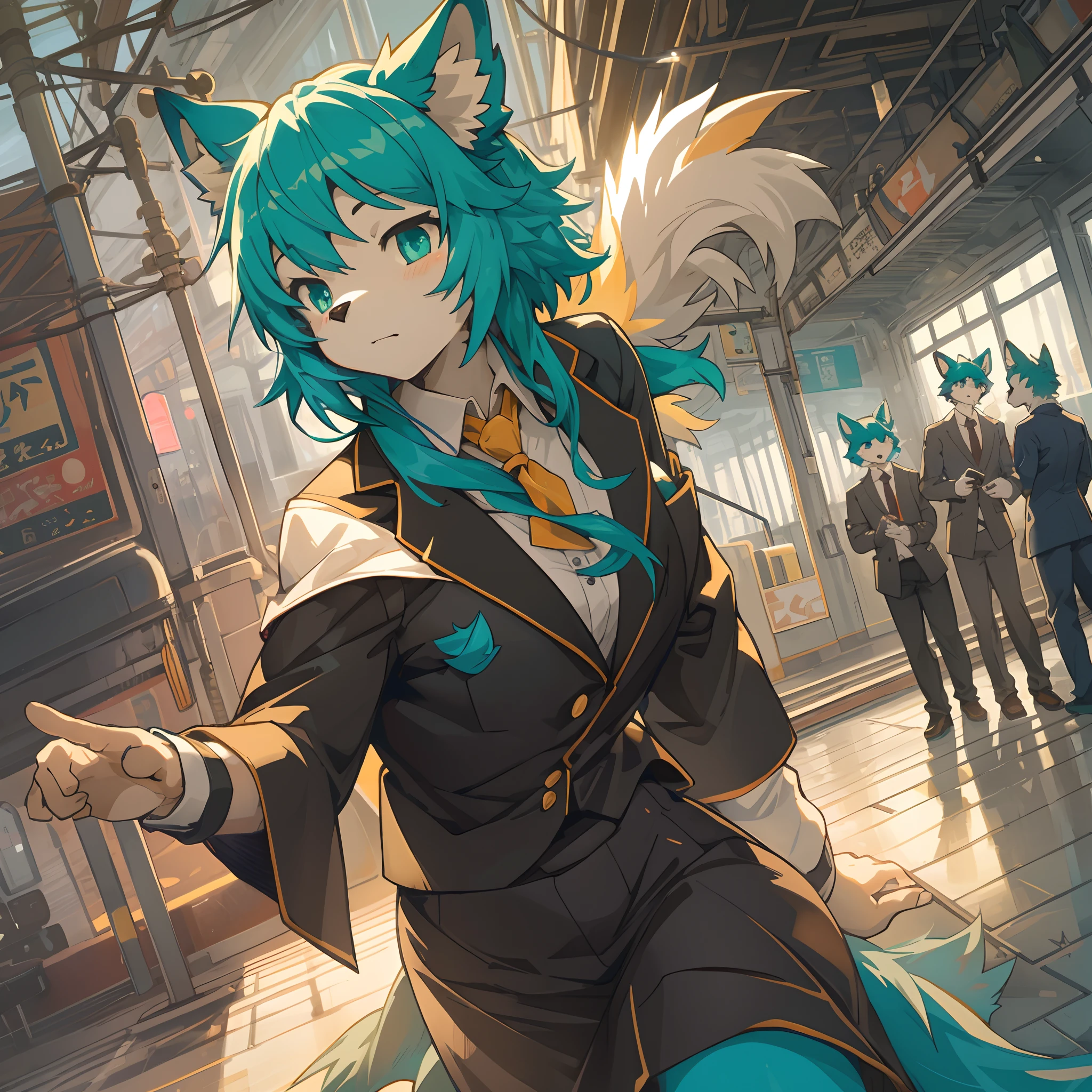 top quality, best quality, High-quality illustrations, masterpiece, super high resolution, detailed background, station, train, station shop, student, salary, suits, evening, 6+boys, 6+girls, absurdres(highly detailed beautiful face and eyes)perfect anatomy, expression, good lighting, good shadow, cinematic shadow, bokeh, (hdr:1.4), high contrast, (cinematic, teal and orange:0.85), (muted colors, soothing tones:1.3), low saturation, (hyperdetailed:1.2)(kemono, furry anthro)assorted poses, dynamic angle,