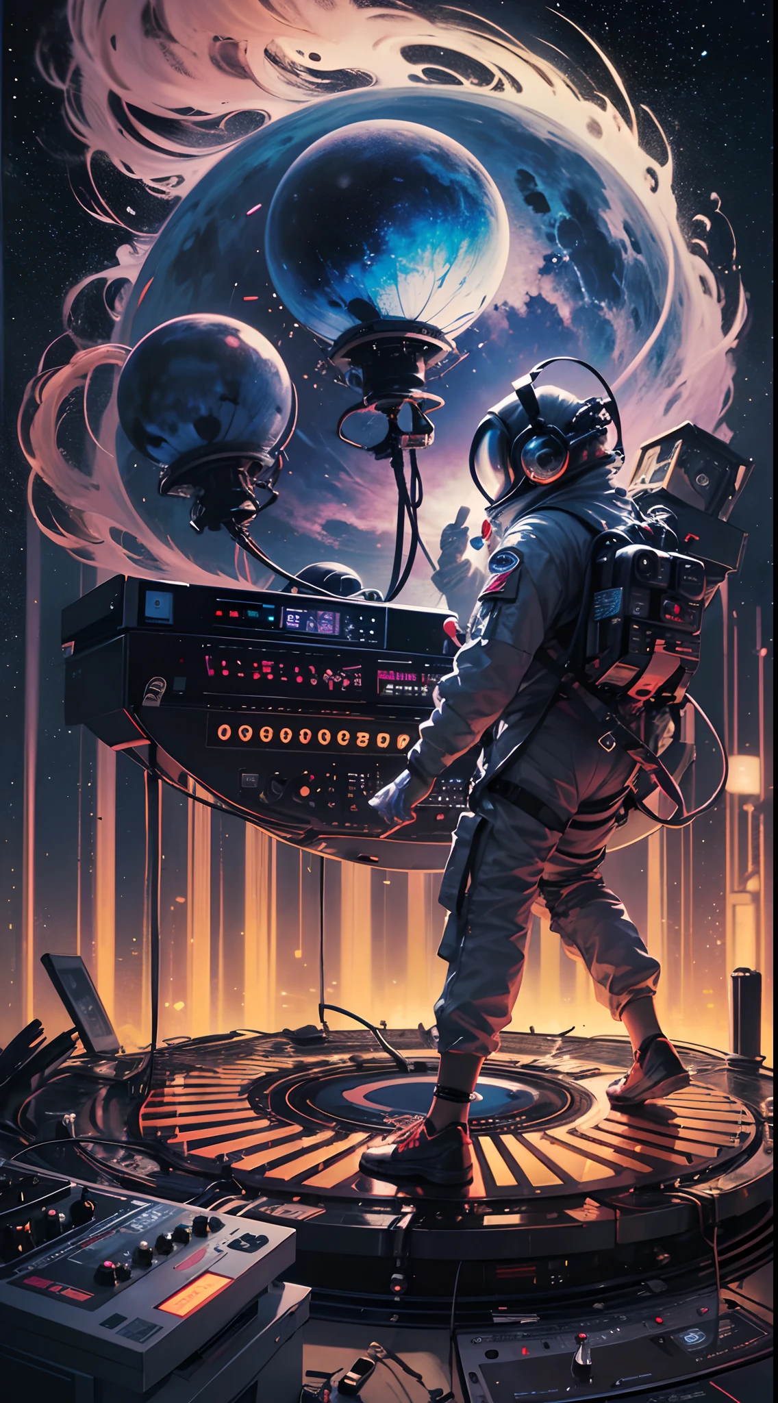 ((Best quality)), ((Masterpiece)), (Detailed), (inspiring), Astronaut DJ mixing music on cosmic dance floor,Old tube amplifiers,stellar, Mushrooms, (Celestial troughs:1.2), (Galactic rhythm:1.1), (Stellar beats:1.1), Pulsating neon lights, Futuristic DJ equipment, (Energetic posture:1.2), (Dynamic composition:1.1), (Medium shot:1.1), wallpaper hd