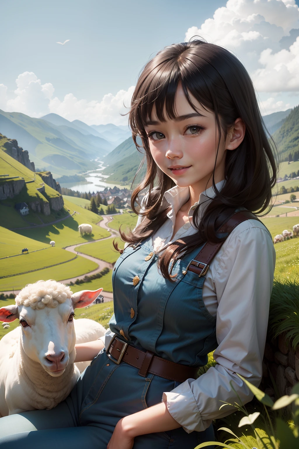 1 girl，ssmile，adolable，looking to the camera，Lots of white sheep，hillside，grassy fields，blue-sky，baiyun，nordic，Beautiful，8K，high qulity，tmasterpiece