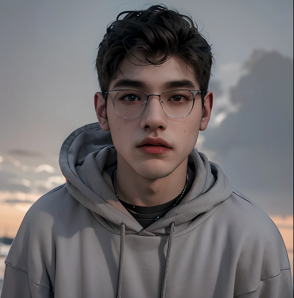 (masterpiece:1.2), (best quality:1.2), hyper realistic,highestres,absurdres,extremely detailed,volumetic,dramatic lighting,(frontal view),
20 year old boy,face,detailed eyes, gray hoodie, black t-shirt, with background ((sky))