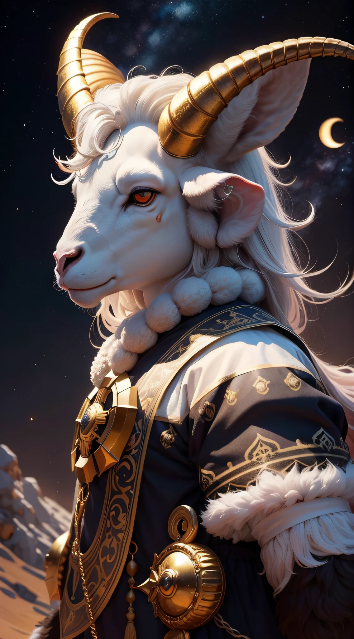 A closeup of a ram with large horns in the sky, aries fiery ram tarot, Deusa Carneiro com chifres, chifres de carneiro, foto de perfil, mystic sheperd, chifres de carneiro, Dreaming of electric sheep, unknown zodiac sign, astral appearance, Beeple e Jeremias Ketner, Zodiac Sign, Constellation of Aries, carneiro de batalha, electric sheep, mastodonte, sheep skull