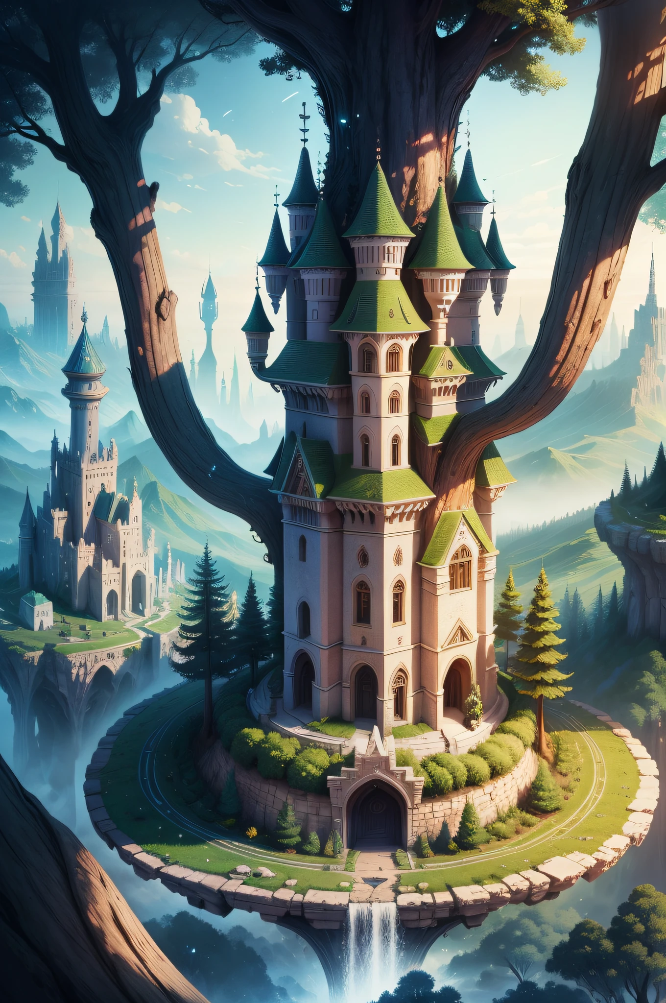 An enchanted landscape of Eldoria, with magical elements such as mystical trees, towers of magic and fantastical creatures