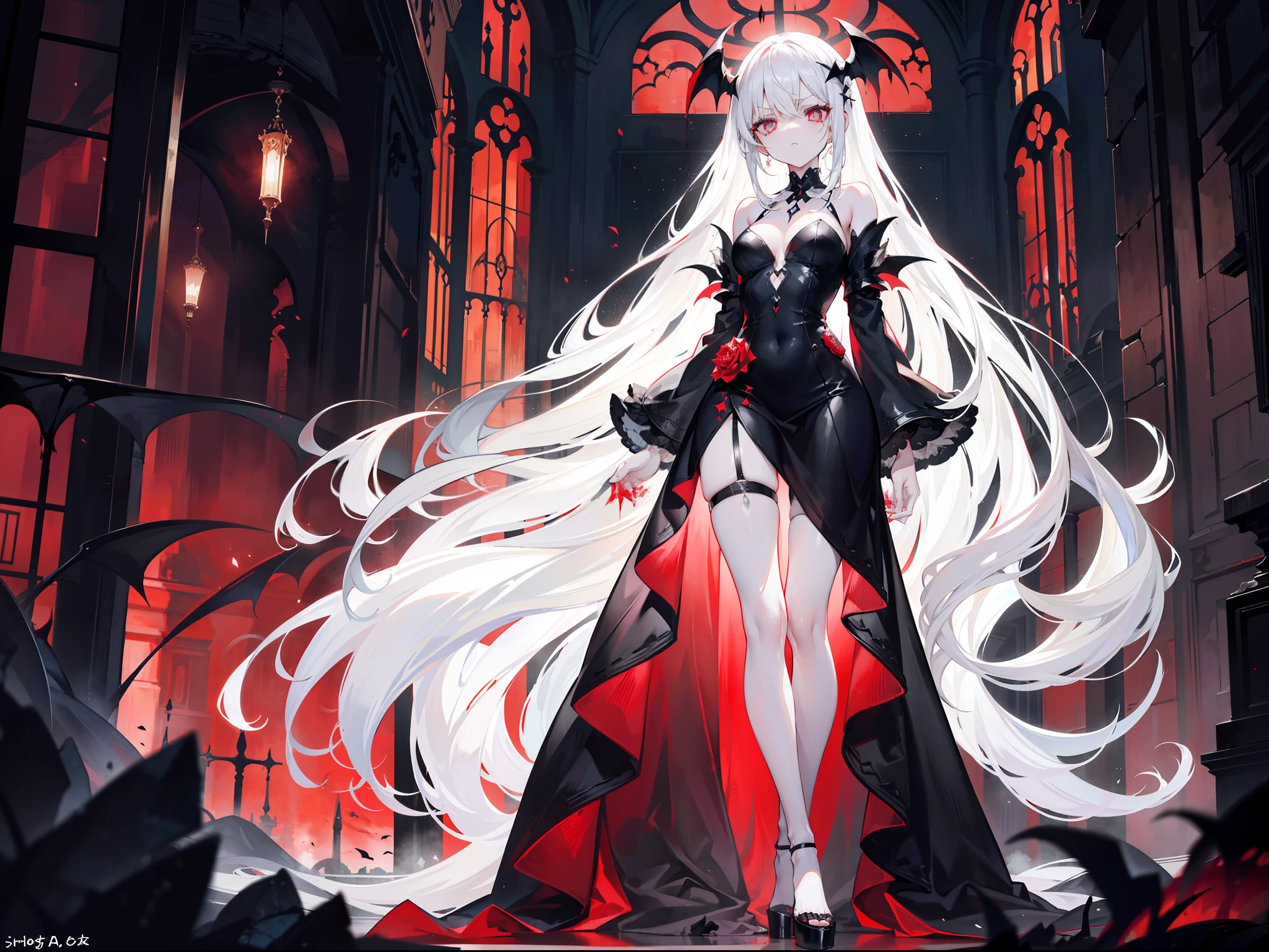Beautiful girl with white hair,with hair dishevelled,long whitr hair,The ends of the hair gradually darken,extremely hyper,Thin,Wearing a long black dress,black lence stockings,Very high black high heels,The expression is grim,抖S,Sick,White pupils,Be covered in blood,Stand in the background of Gothic architecture,It is covered with corpses,murderer,The demons,Extremely thin and high,The legs are very thin,A pair of extremely large black wings grow,terroral,The legs are long,The body is extremely thin,There is red blood under the eyes,The body was covered in blood,Blood-red eyelashes,The demons,devils,Royal Sister,White pupils,A pair of extremely large black wings grow,terroral,Tall and tall,Thin