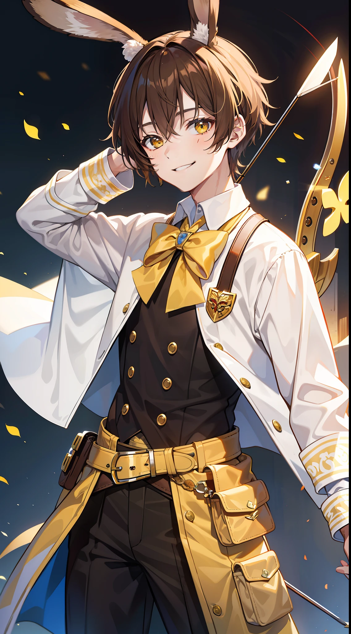 Young guy, Brown hair with blonde strands, Yellow eyes, brown rabbit ears, Smile, Bow and arrow, Masterpiece, hiquality