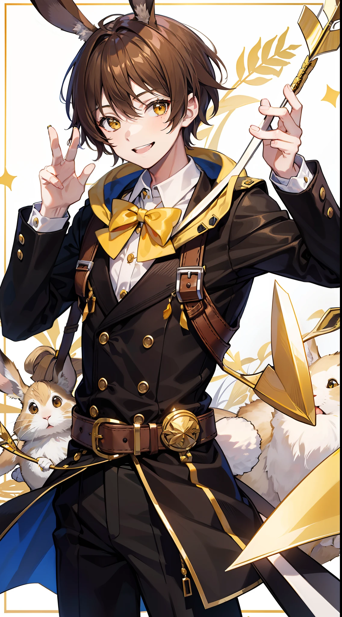 Young guy, Brown hair with blonde strands, Yellow eyes, brown rabbit ears, Smile, Bow and arrow, Masterpiece, hiquality