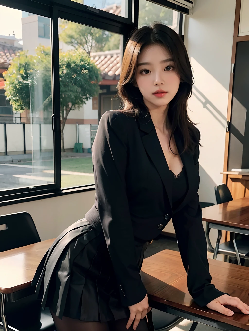tmasterpiece,best qualtiy,ultra - detailed,illustratio,Colorful,Falt color,depth of fields,lens flare glow,1girll,Hong Kong beauty,Royal sister style,Sexy style,sitted,brunette color hair,looking at viewert,schools,Classroom,Pleated miniskirt,校服,serafuku,black pantyhoses,Detailed skin texture,Fine cloth texture,Nice and delicate face,(Expose cleavage),mediuml breasts