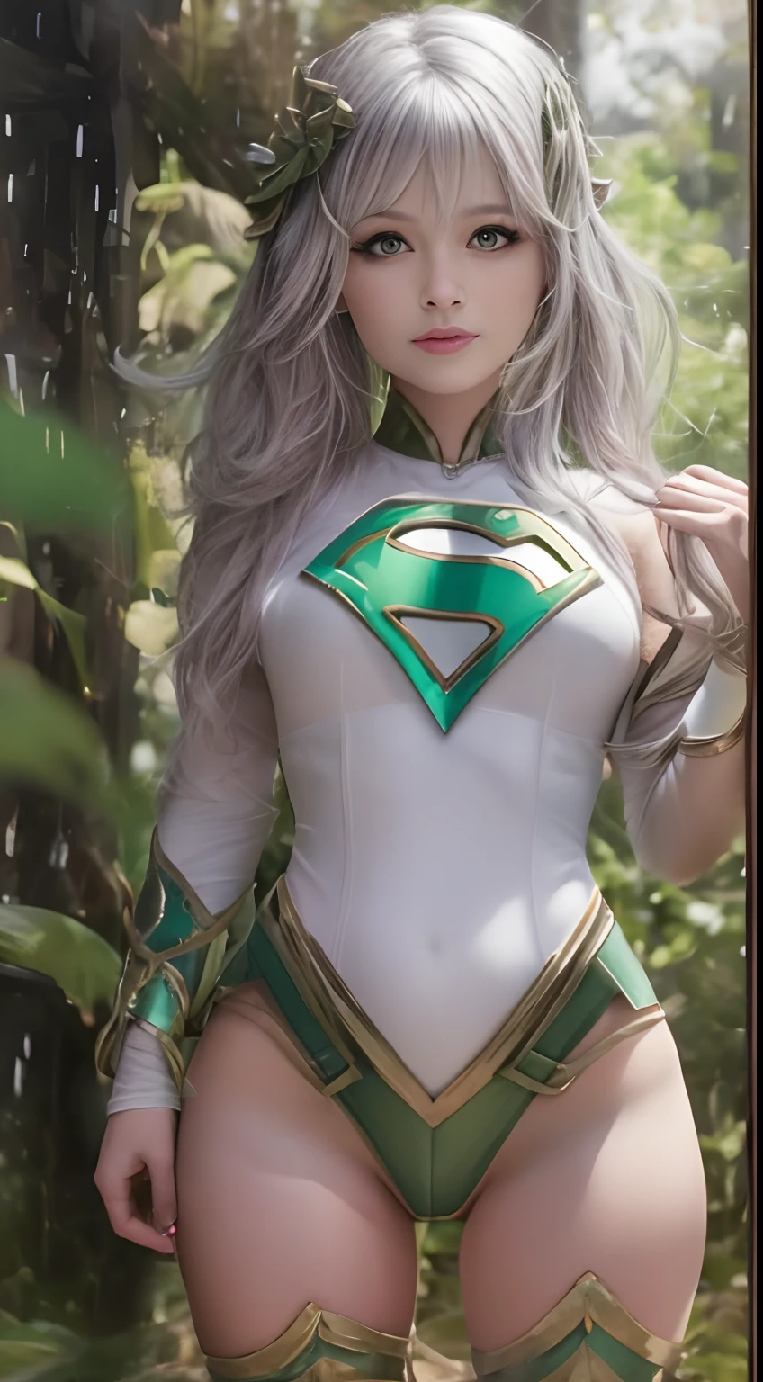 4k, realista, carismatic, muito detalhado, There's a girl in heaven, vestindo fantasia transparente de super garota, she's super girl, superhero theme, cabelo comprido branco, 25 anos, corpo inteiro, cabelo branco, cabelo verde, orelha de elfo, cameltoe