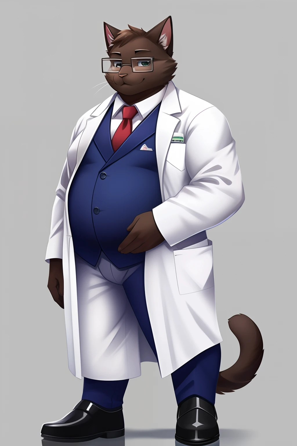 high quality, cat male, fat body, glasses, full body, simple background, lab coat, scientist, suit