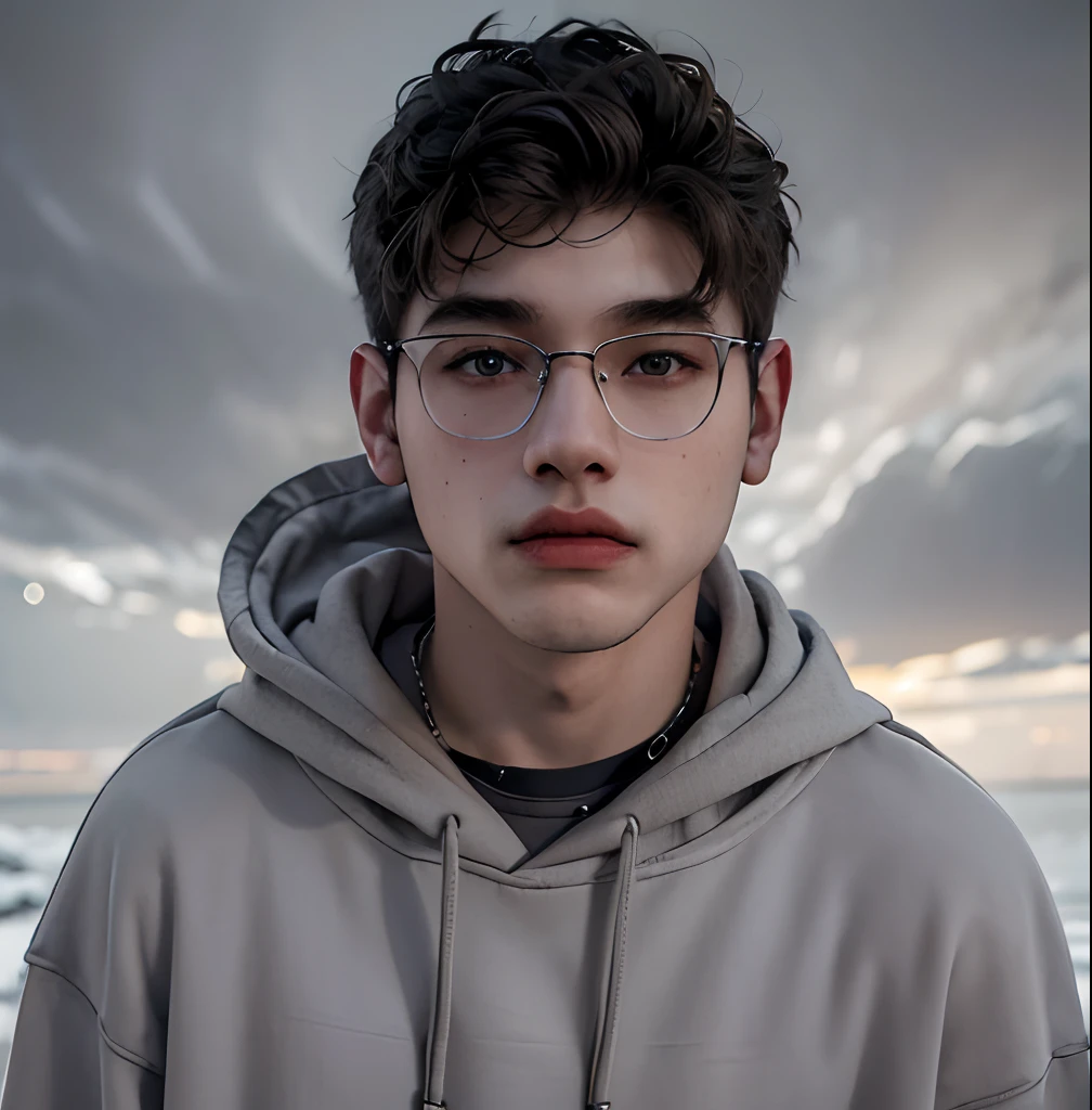 (masterpiece:1.2), (best quality:1.2), hyper realistic,highestres,absurdres,extremely detailed,volumetic,dramatic lighting,(frontal view),
20 year old boy,face,detailed eyes, gray hoodie, black t-shirt, with background ((sky))