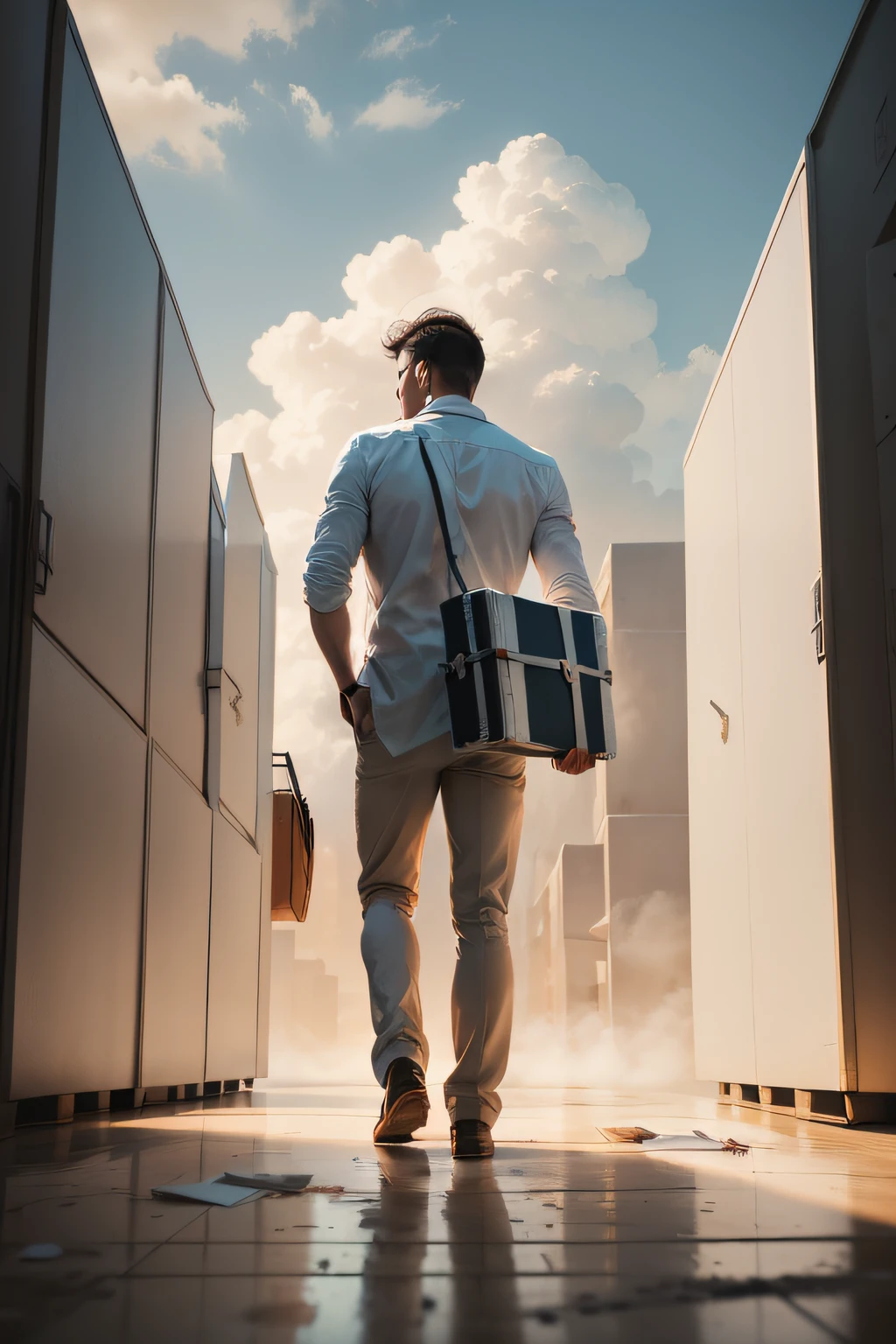 I think I need a painting,The picture shows a man carrying a suitcase that looks heavy in his hand,The box is semi-closed,You can see that it is full of white clouds,The feeling that will spill through the crevices,White clouds surround people with boxes,Love will float around in the box