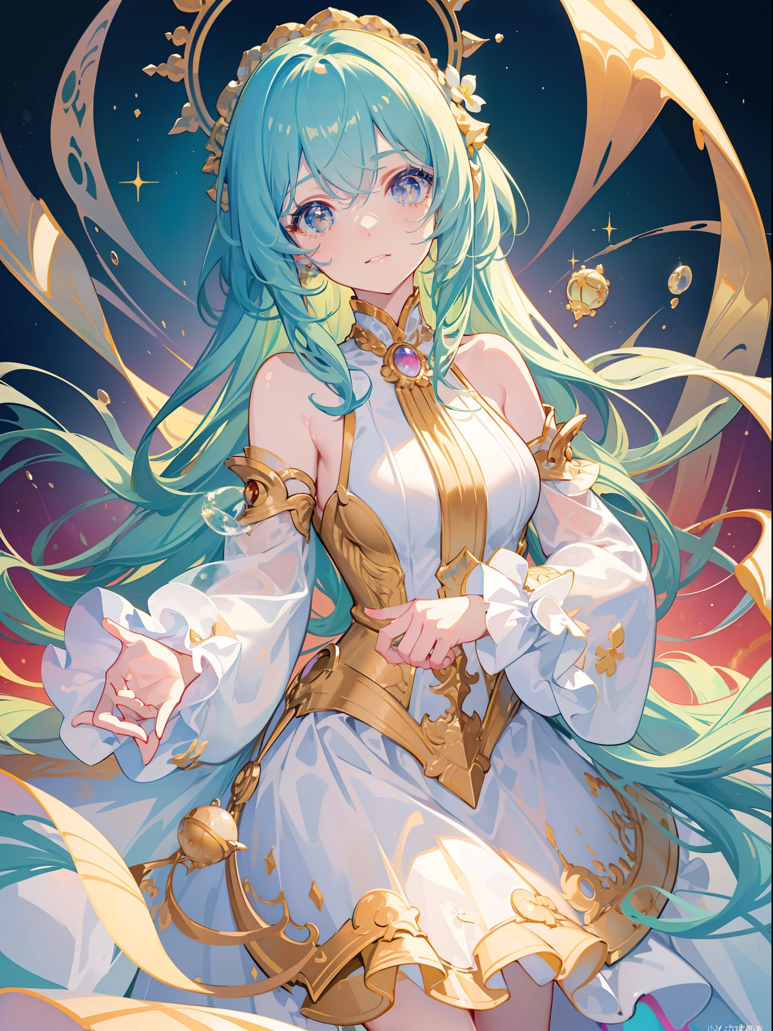 masterpiece, best quality, 8k resolution, sharp focus, intricate detail, beautiful girl, sparkling eyes, golden ratio face, otherworldly liquid, watercolor, warm colors, bright colors, whimsical, colorful, sharp focus, high resolution, fine detail, ((layered tiered puffy long sleeves ballgown)), ((round eyes)), iridescent bubbles, fantasia background