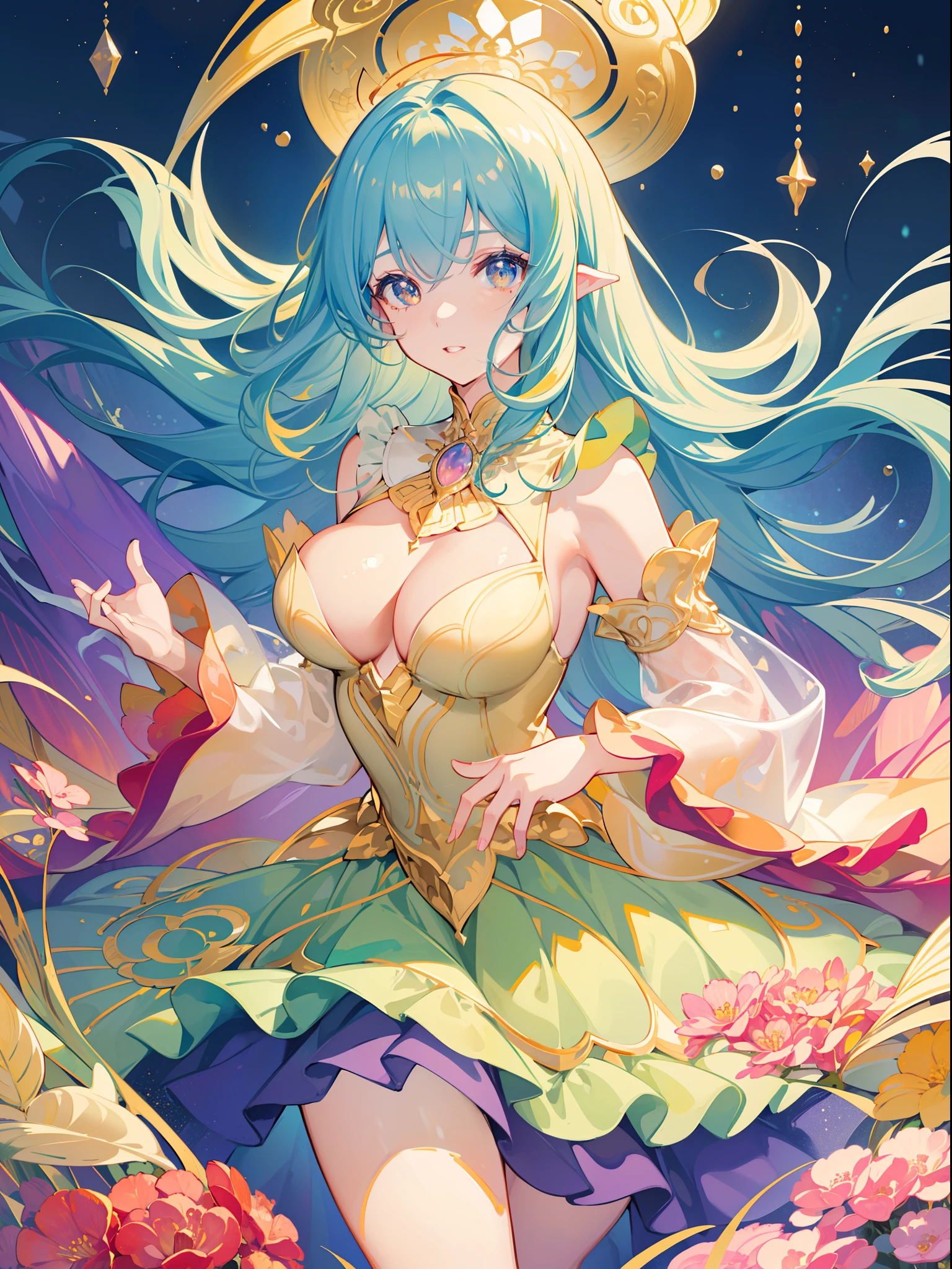 masterpiece, best quality, 8k resolution, sharp focus, intricate detail, beautiful girl, sparkling eyes, golden ratio face, otherworldly liquid, watercolor, warm colors, bright colors, whimsical, colorful, sharp focus, high resolution, fine detail, ((layered tiered puffy long sleeves ballgown)), ((round eyes)), iridescent bubbles, fantasia background