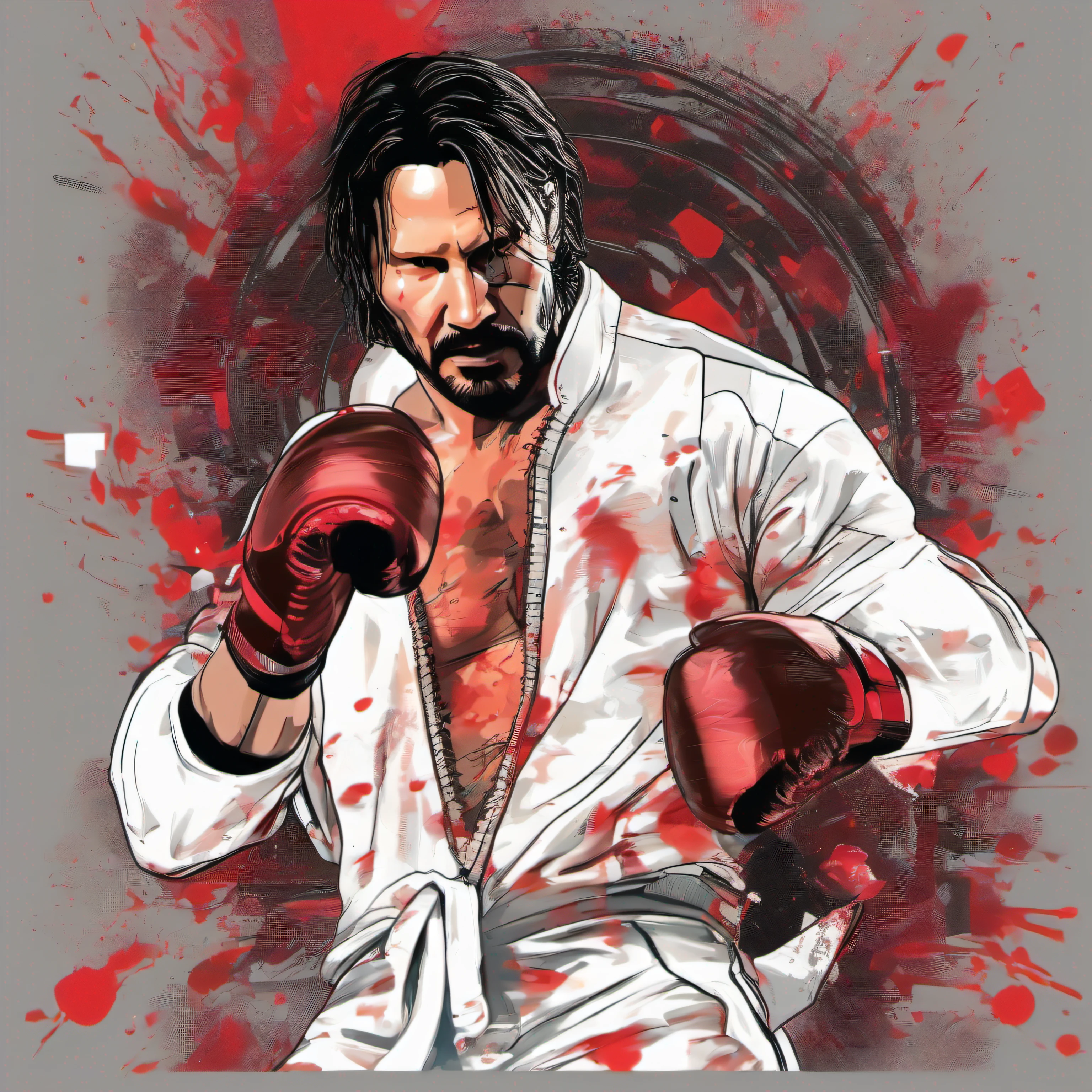 Desenhe uma imagem do ator Keanu Reeves caracterizado como o personagem John Wick, but now he's a kickboxing fighter. He's wearing white boxing shorts and red boxing gloves., showing all his skill and strength. Your body is covered in sweat and blood, refletindo a intensidade da luta, The design is circular, arte da camiseta cyberpunk, vetor, 3d illustration, fundo escuro, muito colorido, gradiente colorido moderno, Centrado, Front view, hiperdetalhado, epic light