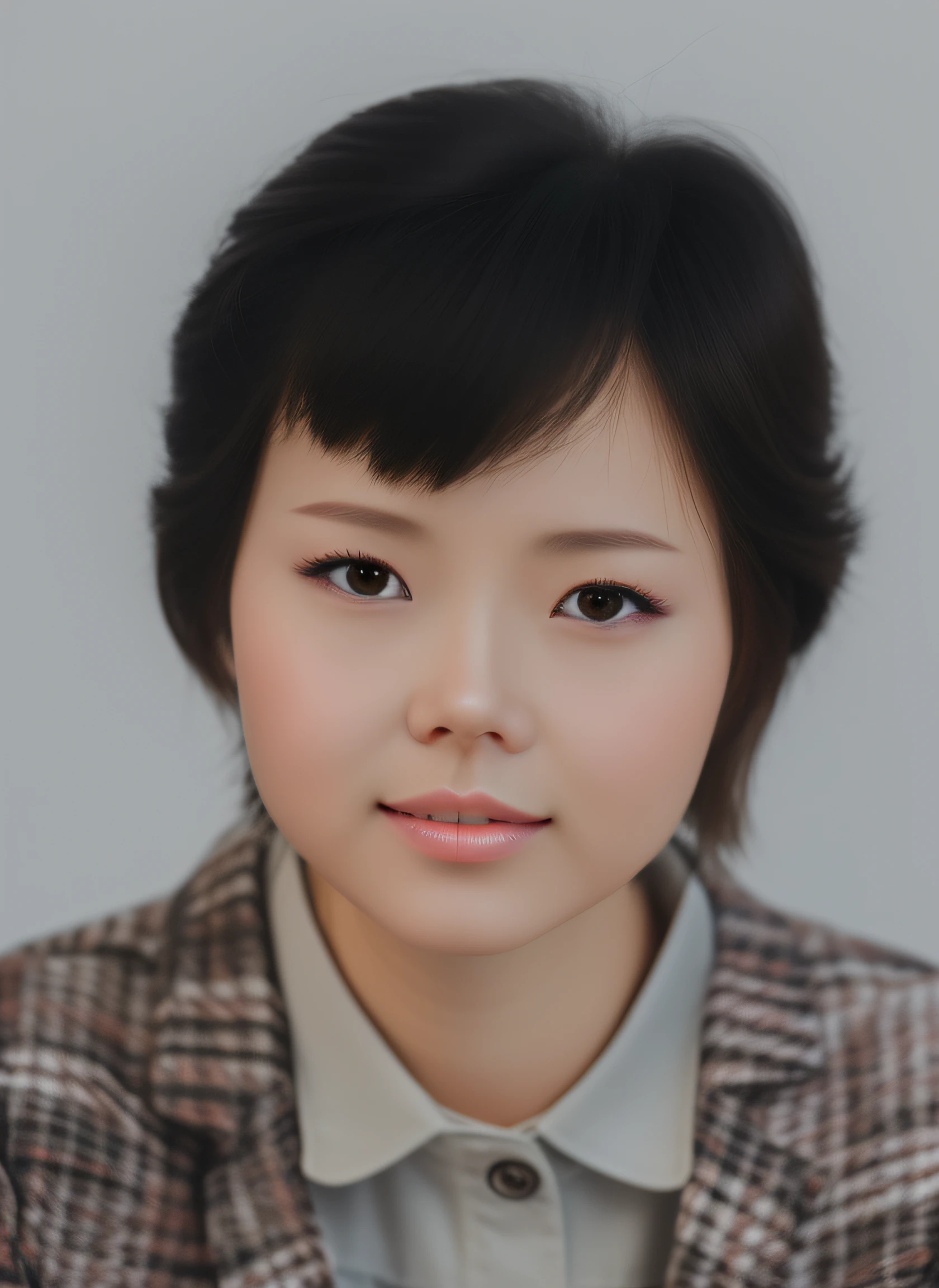 a big breast chinese girl,Beautiful short hair,Wear a white shirt and plaid blazer,The clothes are neat, clean and coordinated,clean backdrop,Soft skin,The picture is clear,8k pixels,Light and shadow are harmonious and natural,HD female portrait