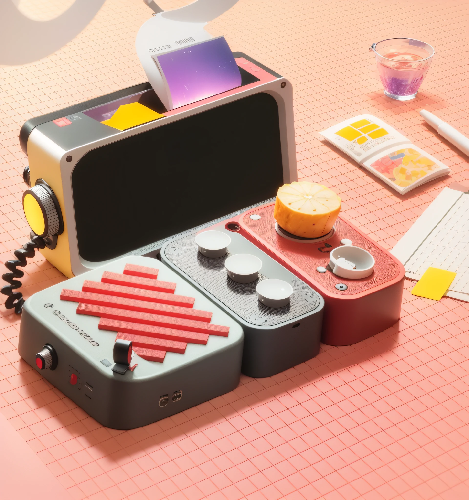 On the table was a small electronic device，There are other items inside, 3d grainy aesthetic illustration, 3D illustration, 3 D 插图, 2. 5 d illus, 2 d illustration, 2D illustration, trend on behance 3d art, trend on behance 3 d art, smooth 3 d illustration, Smooth 3D illustration, Lofi art
