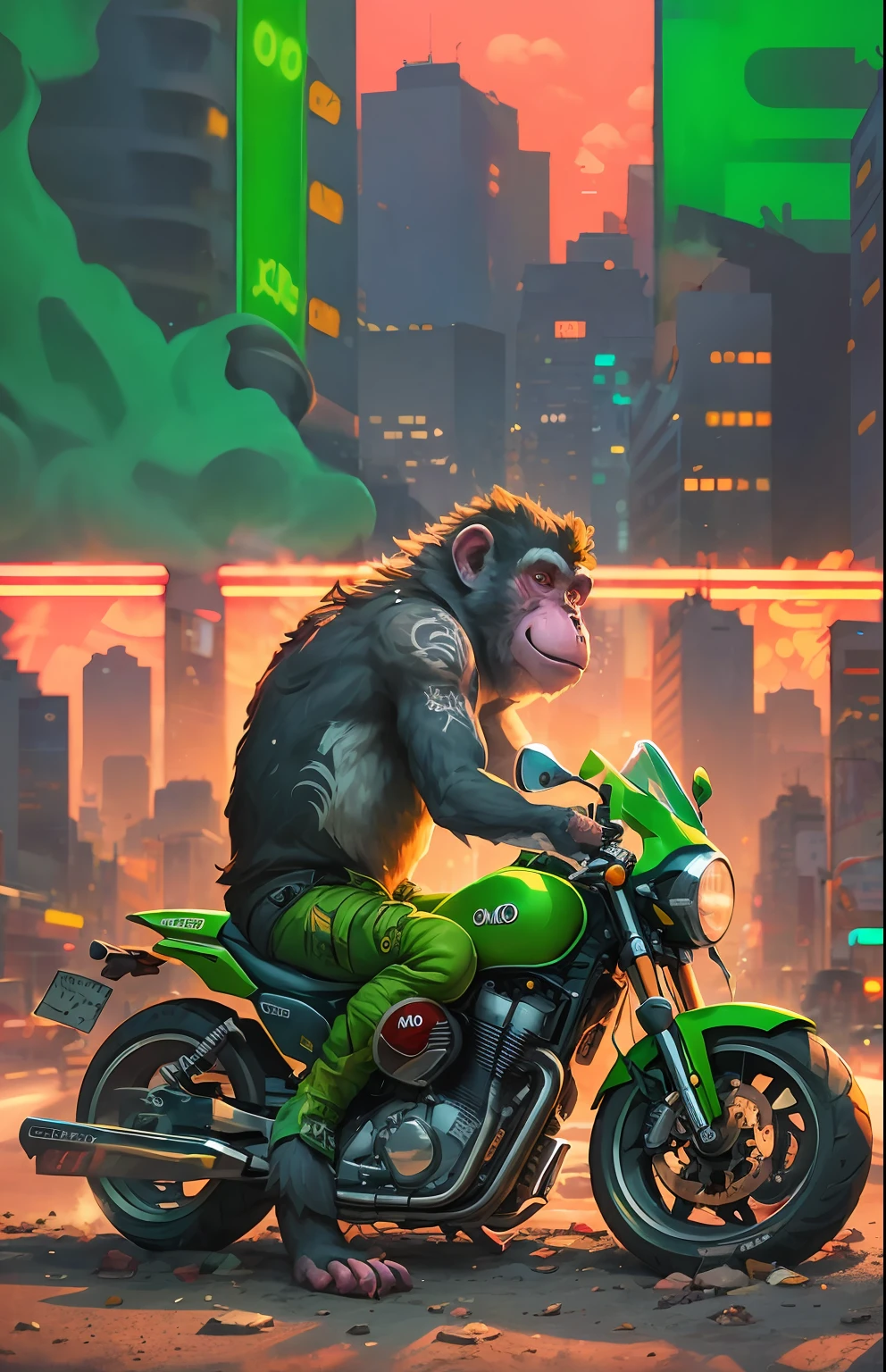 ((best quality)),((ultratailed)), ((masterpiece)), illustration, Scene structure: Animal monkey personified as a gangster, with monkey face and human body. He has a muscle build and tattoos on his body. He rides his motorcycle in the city, with tall buildings behind him and flashing neon lights. Immediate composition: Monkey-gangster, animal personification, riding motorcycle, tattooed body, muscle building, cityscape, tall buildings, neon Substance 3D lights, Octane rendering, (hdr: 1.3)