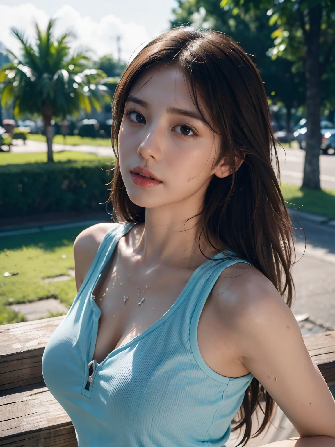 ((Best Quality, 8K, masutepiece :1.3)), 1girl in, breasts, cleavage, Solo, Lips, Brown hair, skyporn, Realistic, Brown eyes, day, Long hair, Blue sky, Outdoors, Looking at Viewer, Arms behind your head, Showing wet armpits, (Sweating:1.2), Lustful, Ultra-detailed face, Detailed lips, Detailed eyes