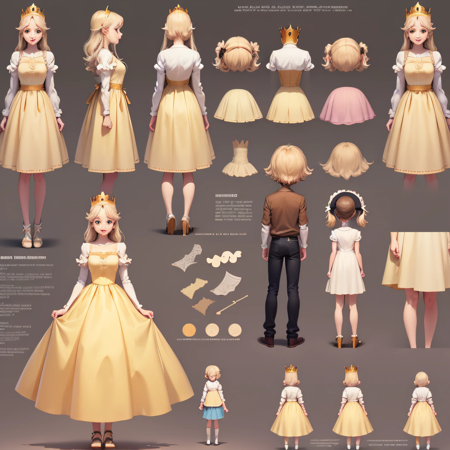 menina bonito, vestido amarelo da princesa, crown on her head, different angles, folha de caracteres, Estilo Ghibli, Children's BookCute Girl, yellow princess dress, crown on head, different angles, character sheet, Ghibli style, 's book, illustration,reference sheet, various poses, full body, 6 different poses, illustration,reference sheet, varias posicoes, corpo inteiro, 6 posicoes diferentes