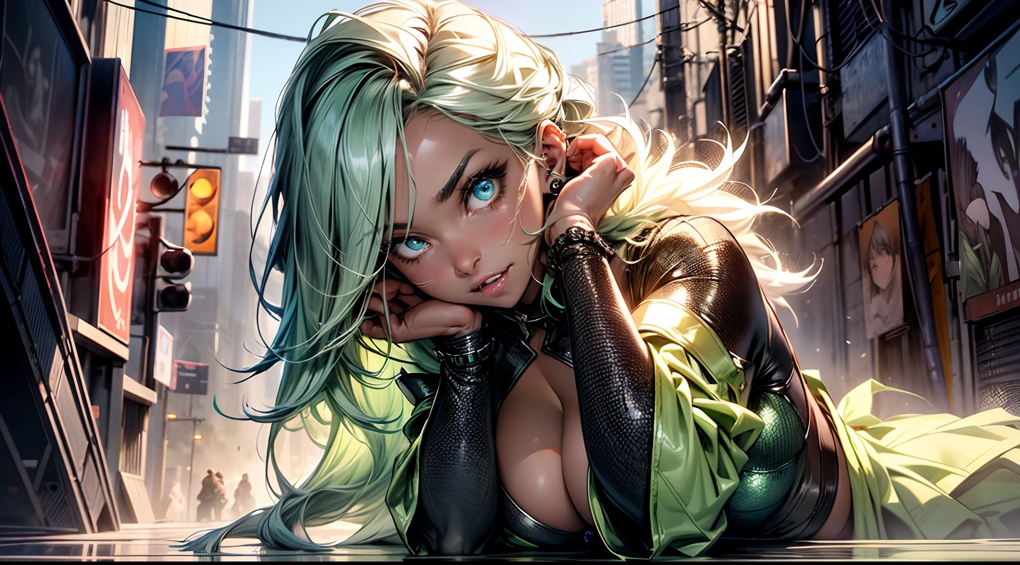 werewolf girl, ((fluffy skin)), paws on foots, fluffy fur on body, ((fangs)), ((claws)), tight slim crop top, cleavage, decolette, huge metal bracelets, huge metal collar, high over-the-knee boots, light green extremely_detailed_(lacy, fur, silk, satin)_(clothing, skirt), (light green clothing), detailed face, detailed beautiful shiny eyes, slit pupils, metallic reflections, futuristic city square, (tatooed, marked)_fit_muscular_body, (((1girl))), portrait, (full body), natural breasts, medium length hair, (masterpiece:1.4), (best quality:1.4), 1girl, photorealistic, ultra detailed, ((Real image)), ((realistic skin)), ((realistic face)),(illustration:1.05), (beautiful:1.05), (beautiful detailed eyes:1.05), (cinematic light:1.1), Full body, hair voluminous, perfect and well designed eyes, beautiful and delicate face, fair skin, real skin, (face detail), pores, super high resolution, 8k, parameters Best quality, masterpiece, super high resolution, (Realistic 2.0), More details, detailed skin, beautiful and aesthetic:1.2, fractal art:1.4, 16K, HDR, RTX, Ray Tracing, Radiosity, Anisotropic Filtering, Subsurface Scattering, light green neon, futuristic, vibrant colors, (((seductive laying)))