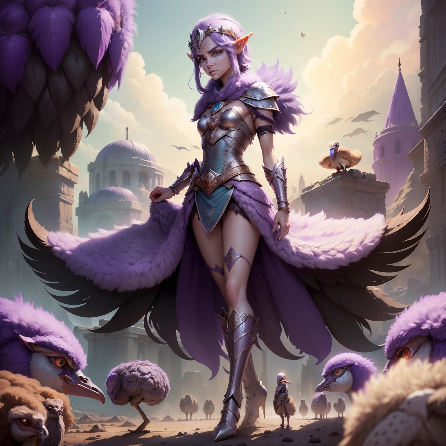 Vast image of Bitcoin mining,(((Elf roxo, Warrior elder with ostrich wings))), Style: illustration, surrealism, ((cristais de ametista))