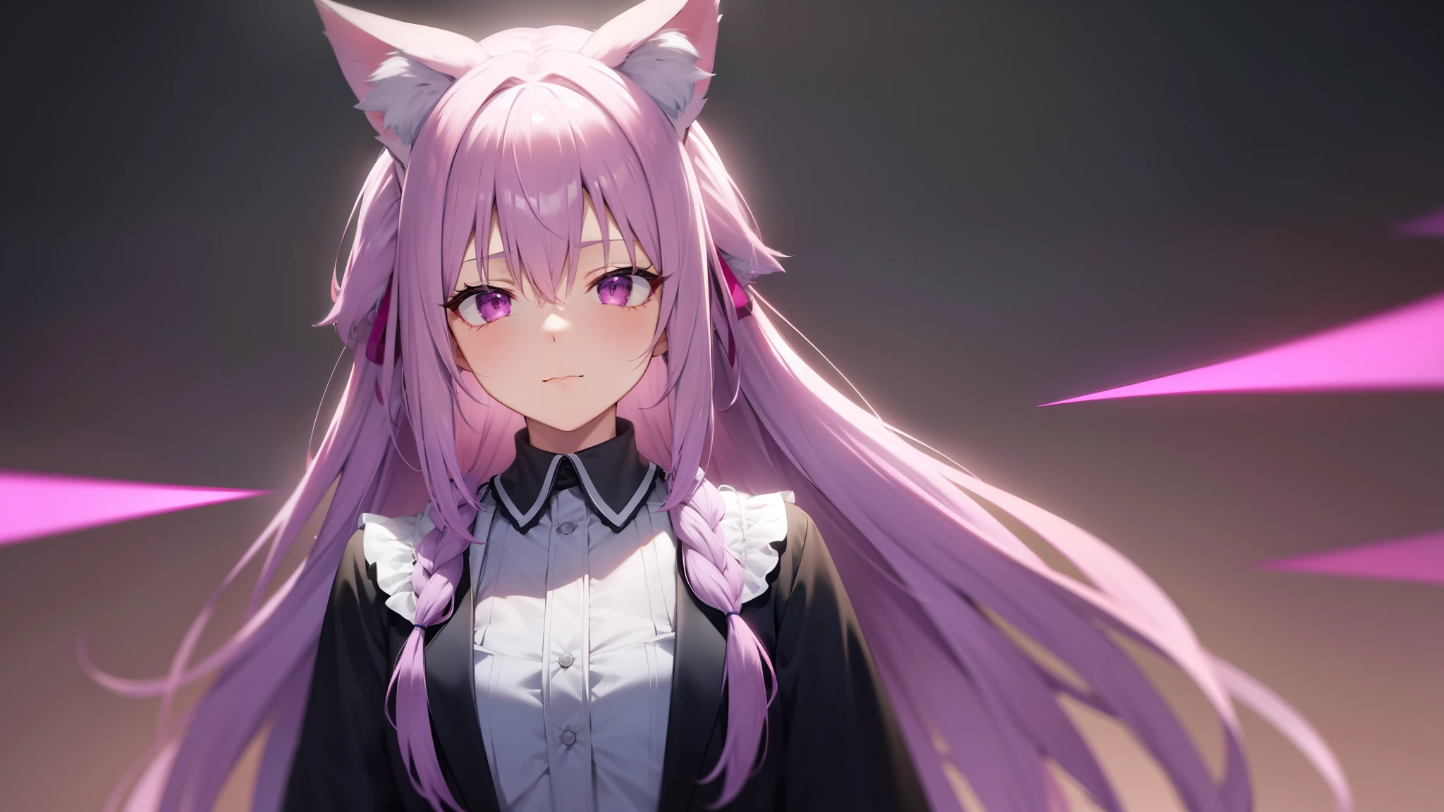 Light purple hair, hair over shoulder, hair ribbon, fox ears, mouth hold, torogao, Romanticism, cinematic lighting, ray tracing, UHD, ccurate, anatomically correct, textured skin, high details, highres, best quality, super detail