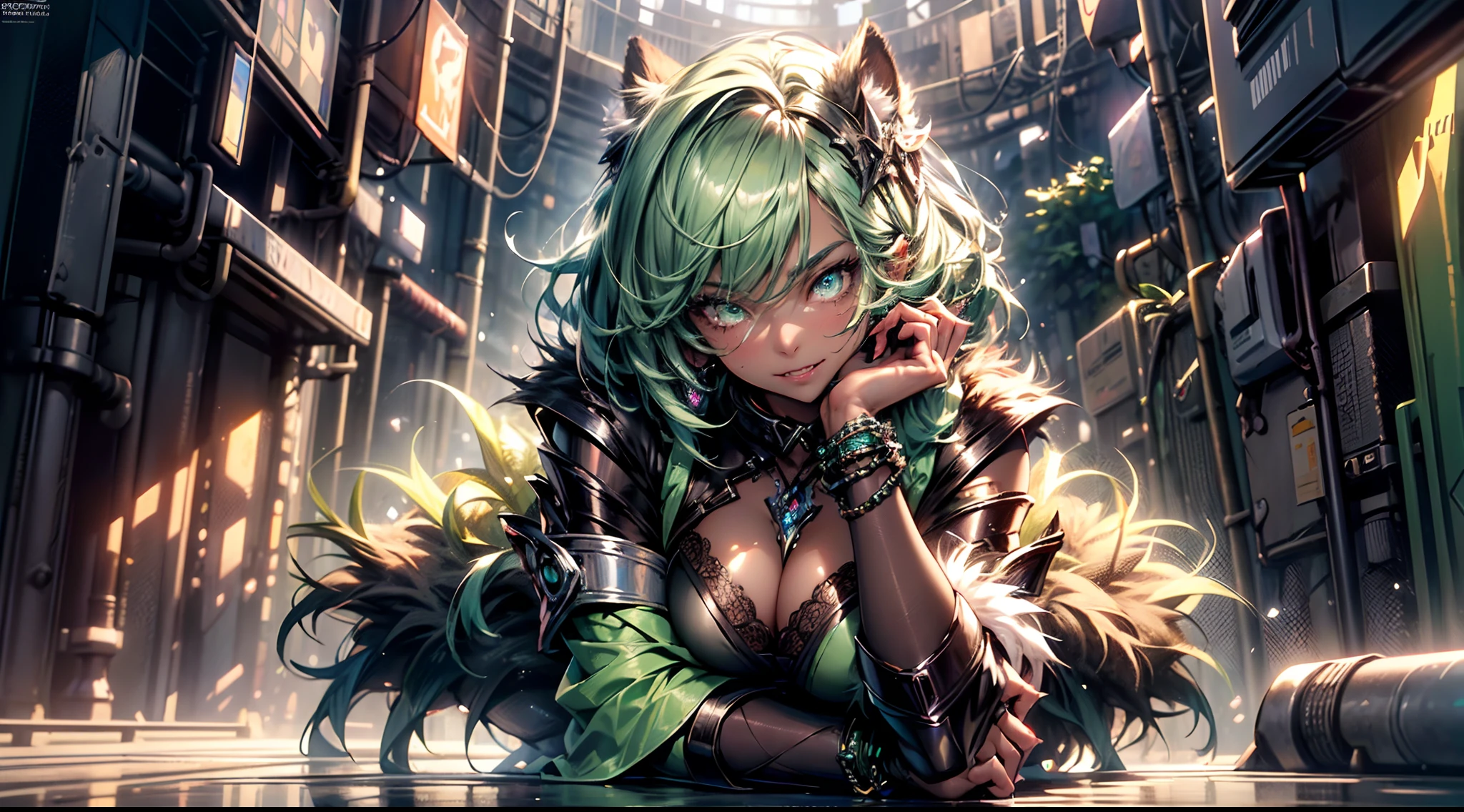 werewolf girl, ((fluffy skin)), paws on foots, fluffy fur on body, ((fangs)), ((claws)), tight slim crop top, cleavage, decolette, huge metal bracelets, huge metal collar, high over-the-knee boots, light green extremely_detailed_(lacy, fur, silk, satin)_(clothing, skirt), (light green clothing), detailed face, detailed beautiful shiny eyes, slit pupils, metallic reflections, futuristic city square, (tatooed, marked)_fit_muscular_body, (((1girl))), portrait, (((full body))), natural breasts, medium length hair, (masterpiece:1.4), (best quality:1.4), 1girl, photorealistic, ultra detailed, ((Real image)), ((realistic skin)), ((realistic face)),(illustration:1.05), (beautiful:1.05), (beautiful detailed eyes:1.05), (cinematic light:1.1), (((Full body))), hair voluminous, perfect and well designed eyes, beautiful and delicate face, fair skin, real skin, (face detail), pores, super high resolution, 8k, parameters Best quality, masterpiece, super high resolution, (Realistic 2.0), More details, detailed skin, beautiful and aesthetic:1.2, fractal art:1.4, 16K, HDR, RTX, Ray Tracing, Radiosity, Anisotropic Filtering, Subsurface Scattering, light green neon, futuristic, vibrant colors, (((seductive laying)))