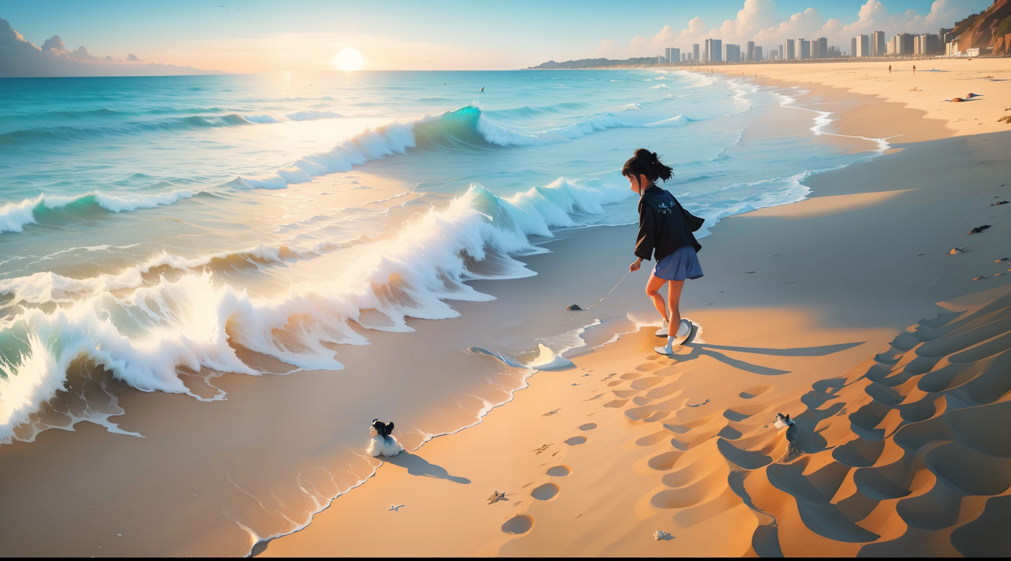 Chinese girl playing with a schnauzer on the beach,footprints,blue-sky,baiyun,sea shell,swell sea,(Very detailed CG unity 8K wallpaper)(best qualtiy),(Most Best Illustration),(Best shadow)(Best shadow)