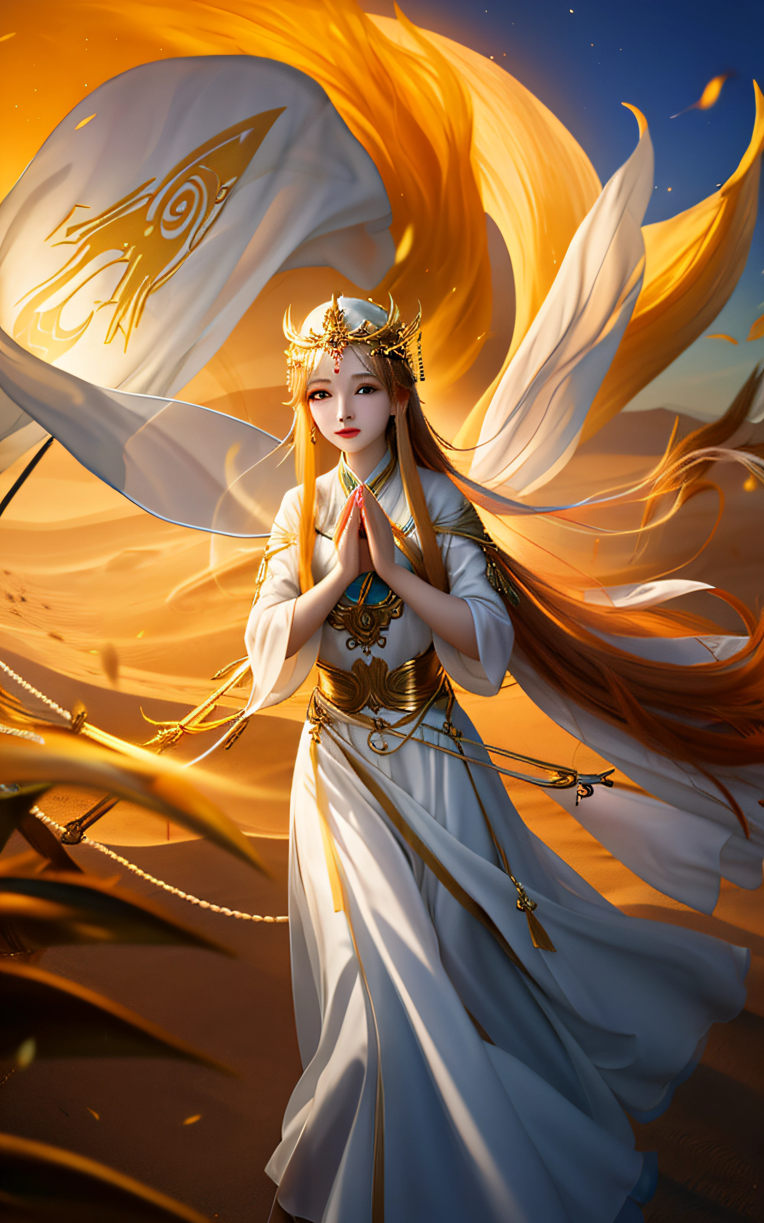 The radiance is with the oracle,Praying maiden with light,Enemies destroyed in the sea of sand。Best quality at best