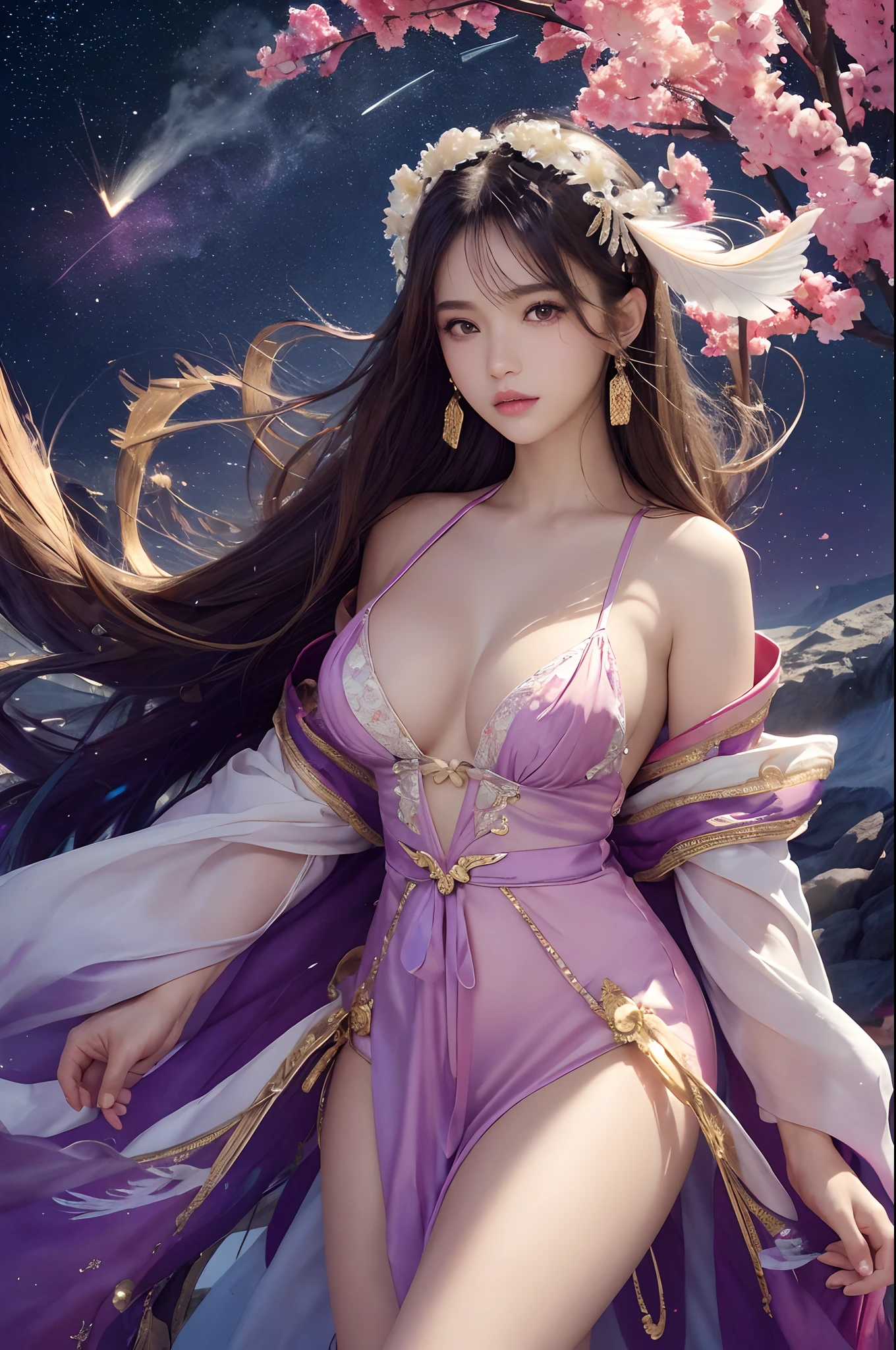 (Masterpiece, Top quality, Best quality, Ultimate detail, suprem details, offcial art, Beauty and aesthetics: 1.2), Asian girl, Upturned Astow, Waiting to come back, Bare thighs, Bare pubic hair, naked private parts , Exposed beautiful, Color, upperbody shots, Beautiful face, Solo, Perfect figure, Flying in the sky, Portrait of a girl, Silver gradient hair, Brunette hair, Fairy, Flowing streamers, (Sexy, Display as, Show milk: 10), suns rays, Clouds, Hanfu, Chinese clothes, water, glowworm , Night, Starry sky, jewelry, Feathers on dresses, Peacock feathers, Light particles, Volumetric illumination, Ray tracing (Flowing streamers: 1.1), (fantasy: 1.2), Illuminator, stars, fantasy, High contrast, Ink strokes, Overexposure, purple and red tone impression, abstracted, (Watercolors by Burkey and Jerry Meiman)) Brush strokes,