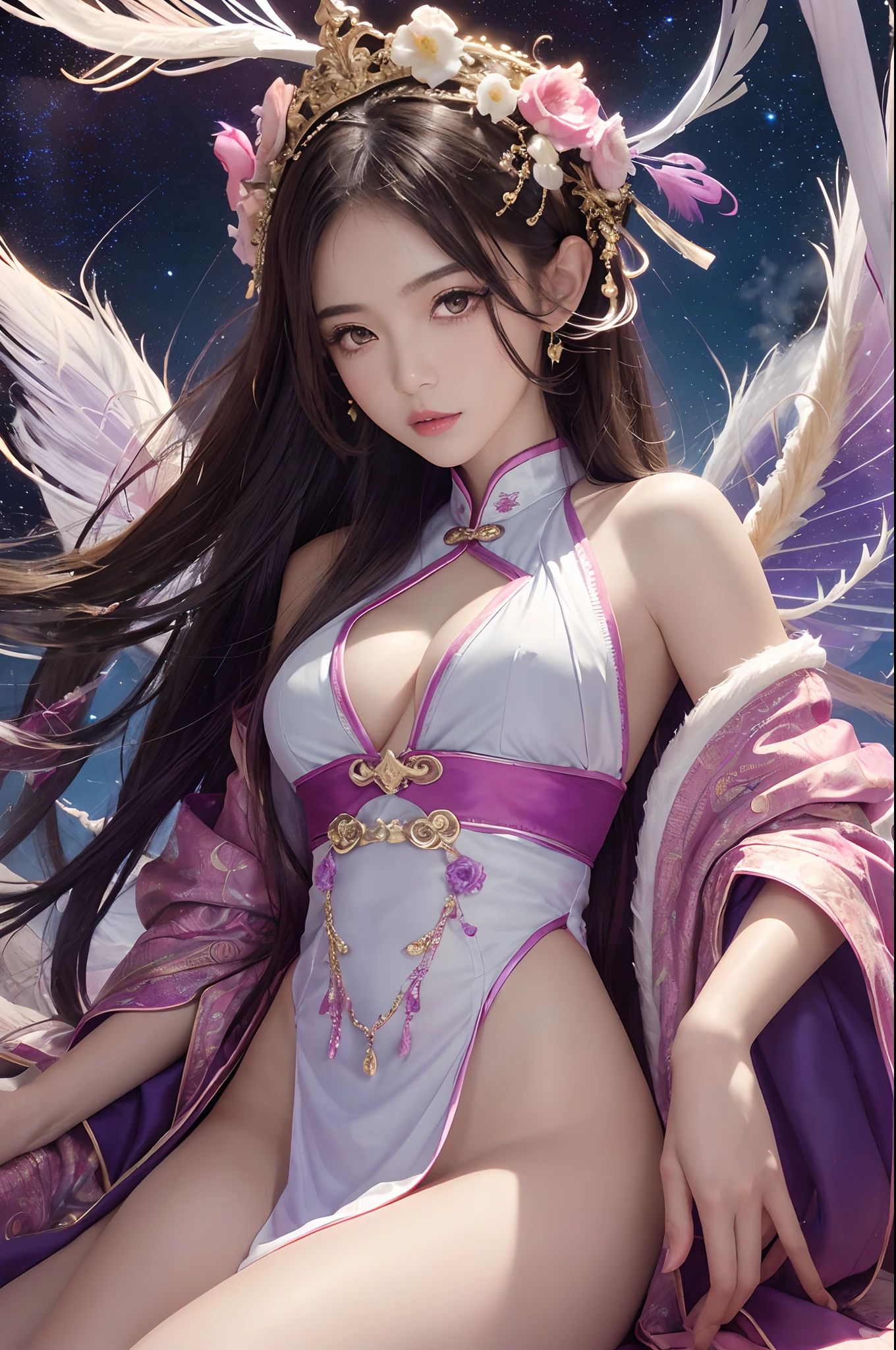 (Masterpiece, Top quality, Best quality, Ultimate detail, suprem details, offcial art, Beauty and aesthetics: 1.2), Asian girl, Upturned Astow, Waiting to come back, Bare thighs, Bare pubic hair, naked private parts , Exposed beautiful, Color, upperbody shots, Beautiful face, Solo, Perfect figure, Flying in the sky, Portrait of a girl, Silver gradient hair, Brunette hair, Fairy, Flowing streamers, (Sexy, Display as, Show milk: 10), suns rays, Clouds, Hanfu, Chinese clothes, water, glowworm , Night, Starry sky, jewelry, Feathers on dresses, Peacock feathers, Light particles, Volumetric illumination, Ray tracing (Flowing streamers: 1.1), (fantasy: 1.2), Illuminator, stars, fantasy, High contrast, Ink strokes, Overexposure, purple and red tone impression, abstracted, (Watercolors by Burkey and Jerry Meiman)) Brush strokes,