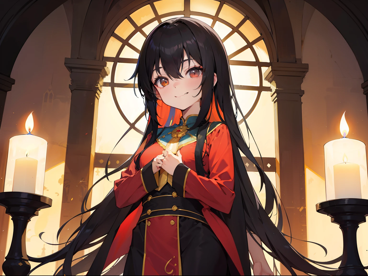 bright look,The smile is bright,Long black hair shawl。She loves to tease,And with a smug look。Dressed in brightly colored court costumes。Background with:Inside the magnificent palace,Candles flicker,The atmosphere seemed warm and oppressive。